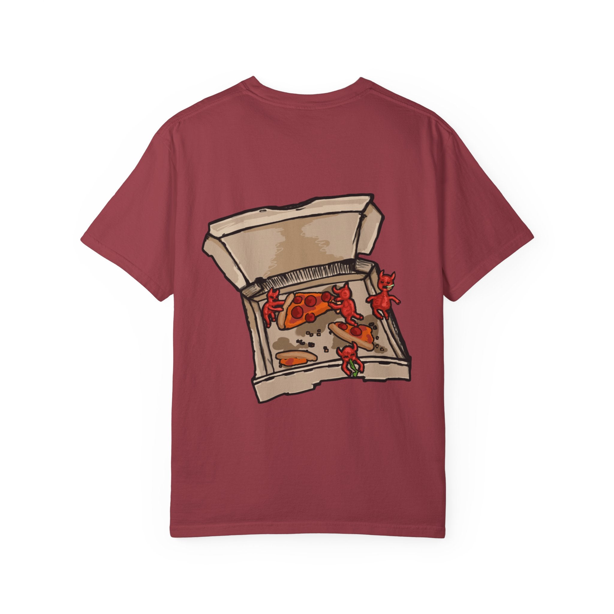 Freaky Features Demon t-shirt, front shows red demon head with horns and glowing eyes, back shows open pizza box being raided by little red devils
