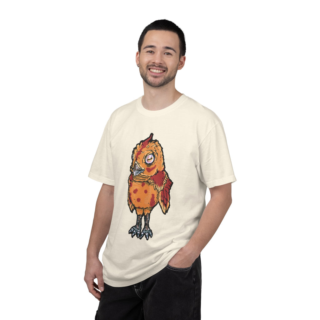 Hand-drawn spotted pizza owl monster t-shirt with melted cheese spots, pepperoni red markings and big multicolored eye tee from PizzaBytes collection