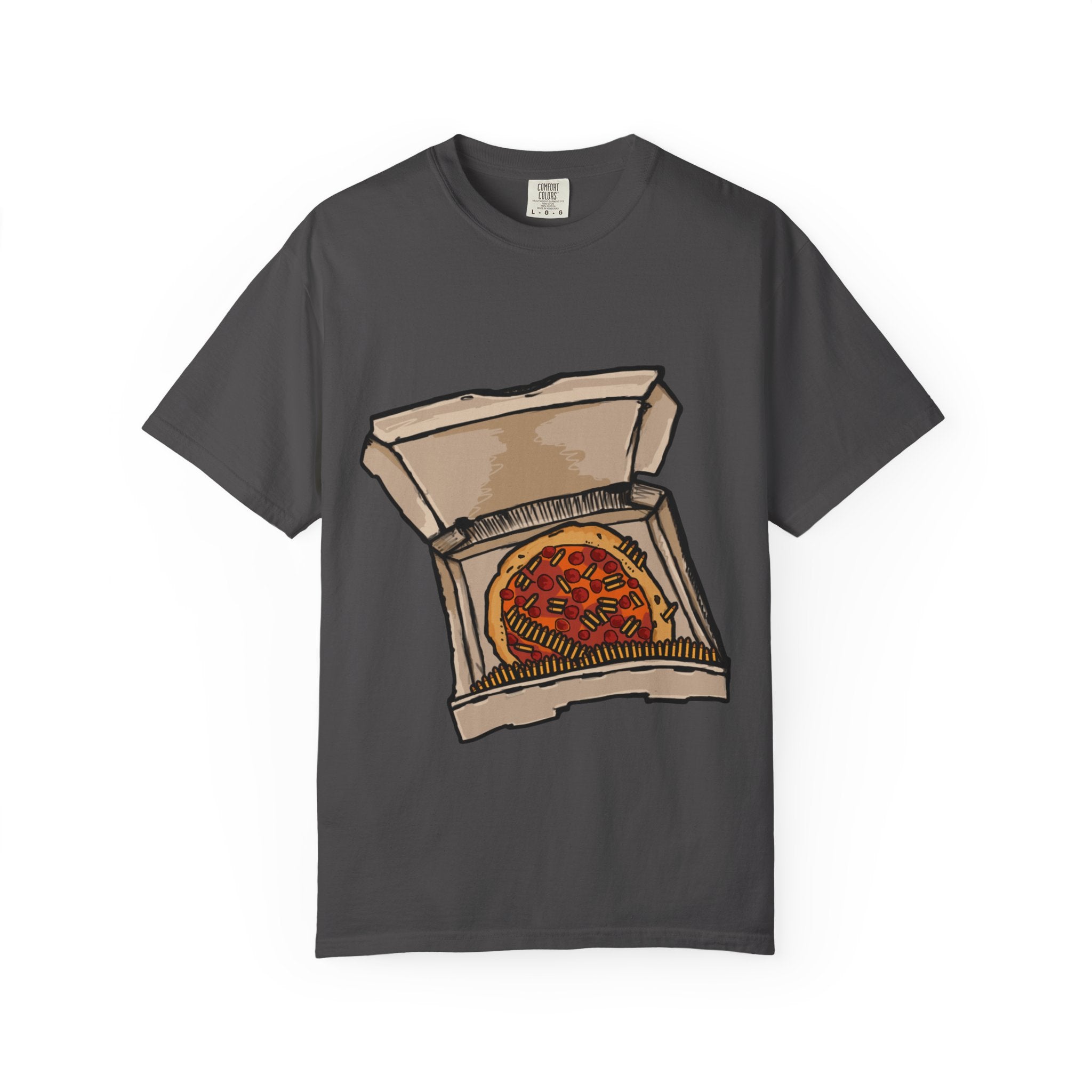 Hand-drawn pepperoni and bullets pizza box t-shirt showing open pizza box with pepperoni pizza surrounded by bullets from PizzaBytes collection

