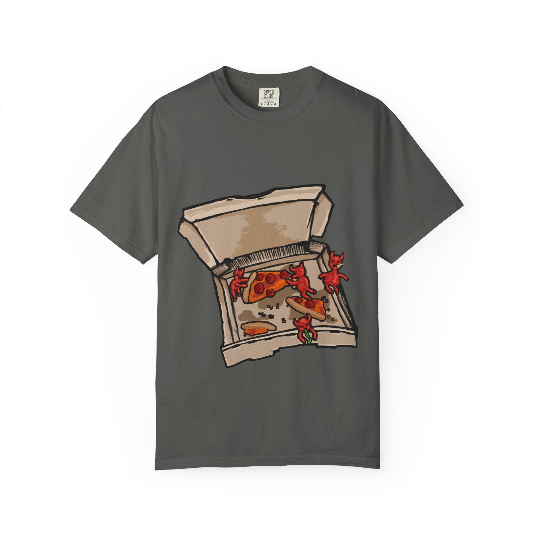 Hand-drawn little devils pizza box t-shirt showing open pizza box with cute red devils eating and stealing pepperoni pizza slices from PizzaBytes collection

