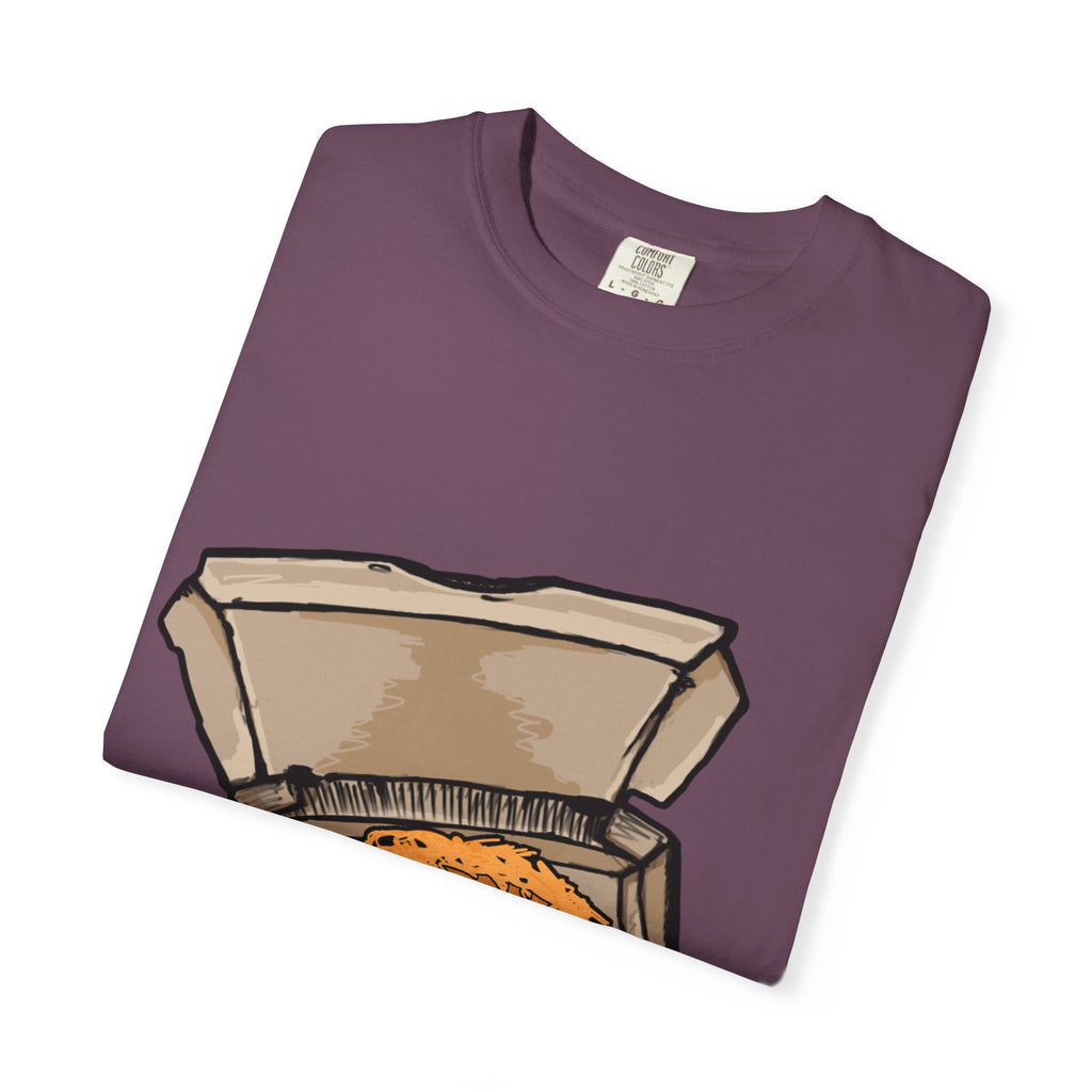 Hand-drawn bird nest pizza box t-shirt showing open pizza box with a straw nest and blue eggs from PizzaBytes collection

