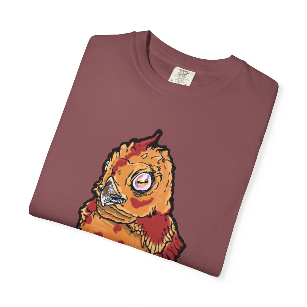 Hand-drawn spotted pizza owl monster t-shirt with melted cheese spots, pepperoni red markings and big multicolored eye tee from PizzaBytes collection