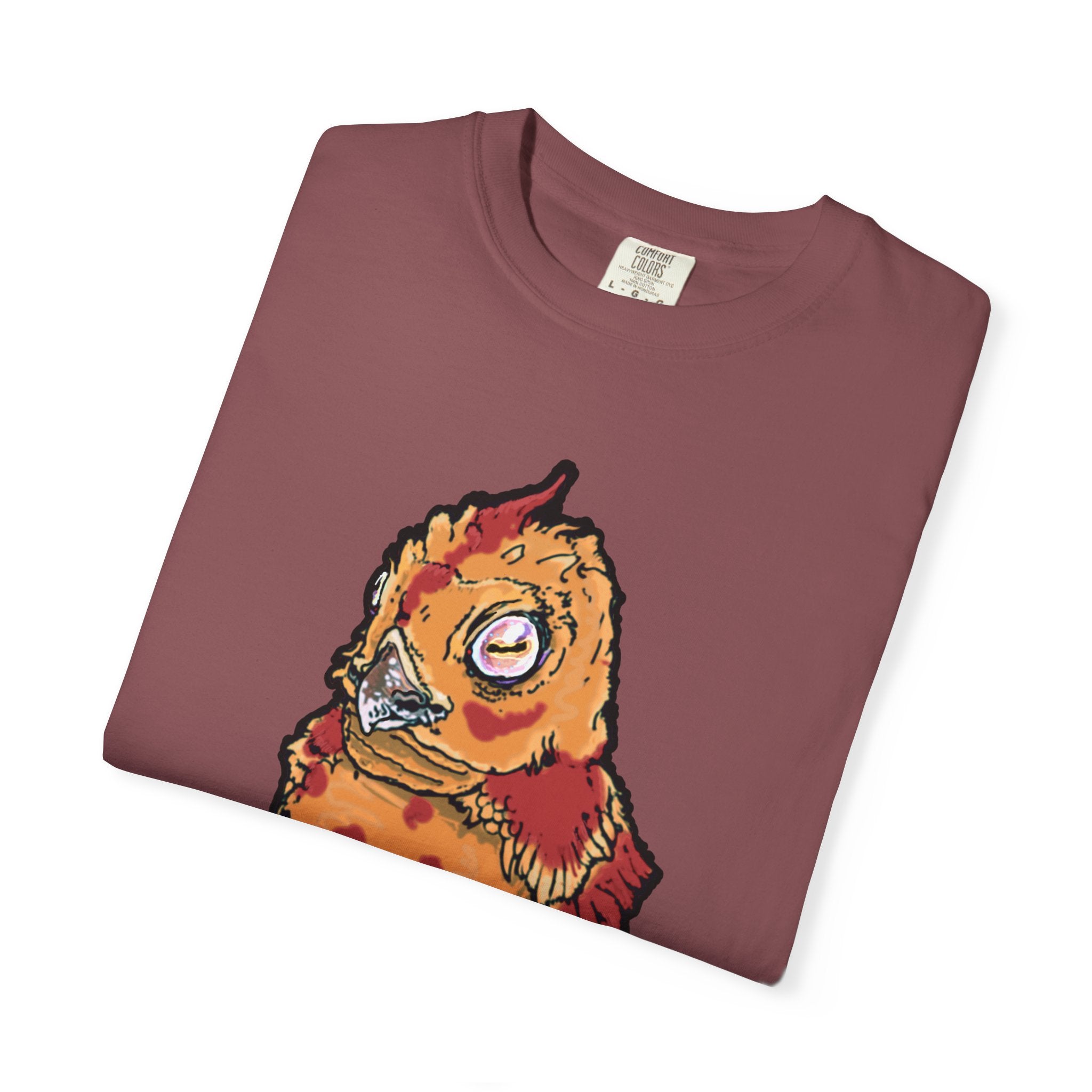 Hand-drawn spotted pizza owl monster t-shirt with melted cheese spots, pepperoni red markings and big multicolored eye tee from PizzaBytes collection