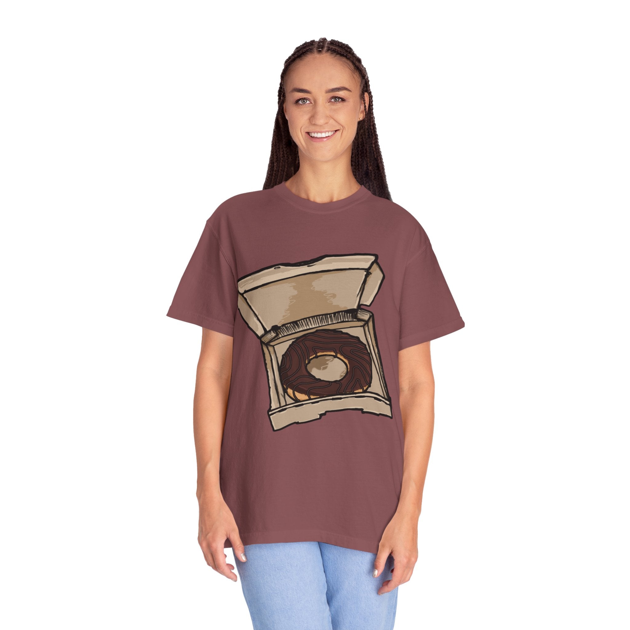 Hand-drawn donut pizza box t-shirt showing open pizza box with chocolate glazed donut from PizzaBytes collection

