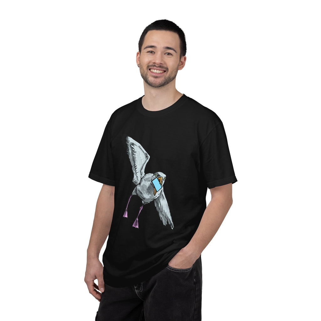 Hand-drawn pizza-stealing seagull monster t-shirt, outstretched wings and purple legs on tee from PizzaBytes collection