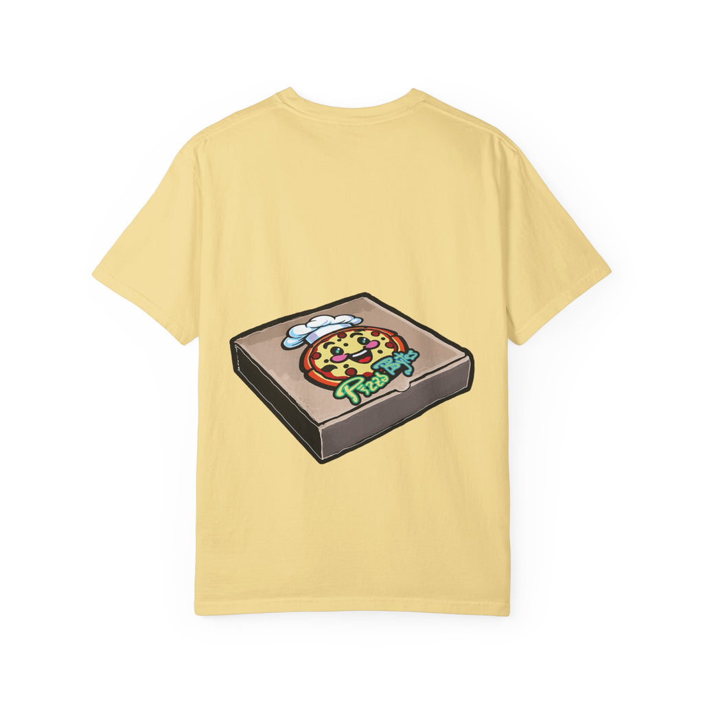 Hand-drawn empty pizza box t-shirt showing open box with grease stains on Comfort tee from PizzaBytes collection

