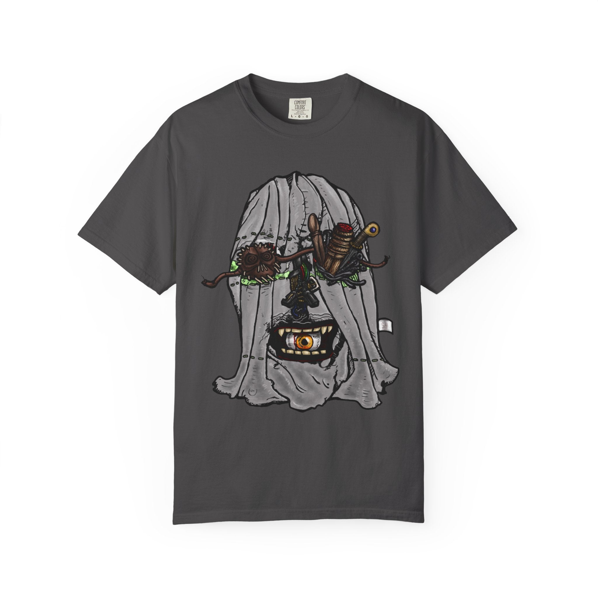 Freaky Features Ghost t-shirt, front shows creepy ghost hood with weapons and screaming eye mouth, back shows open pizza box with floating ghost face

