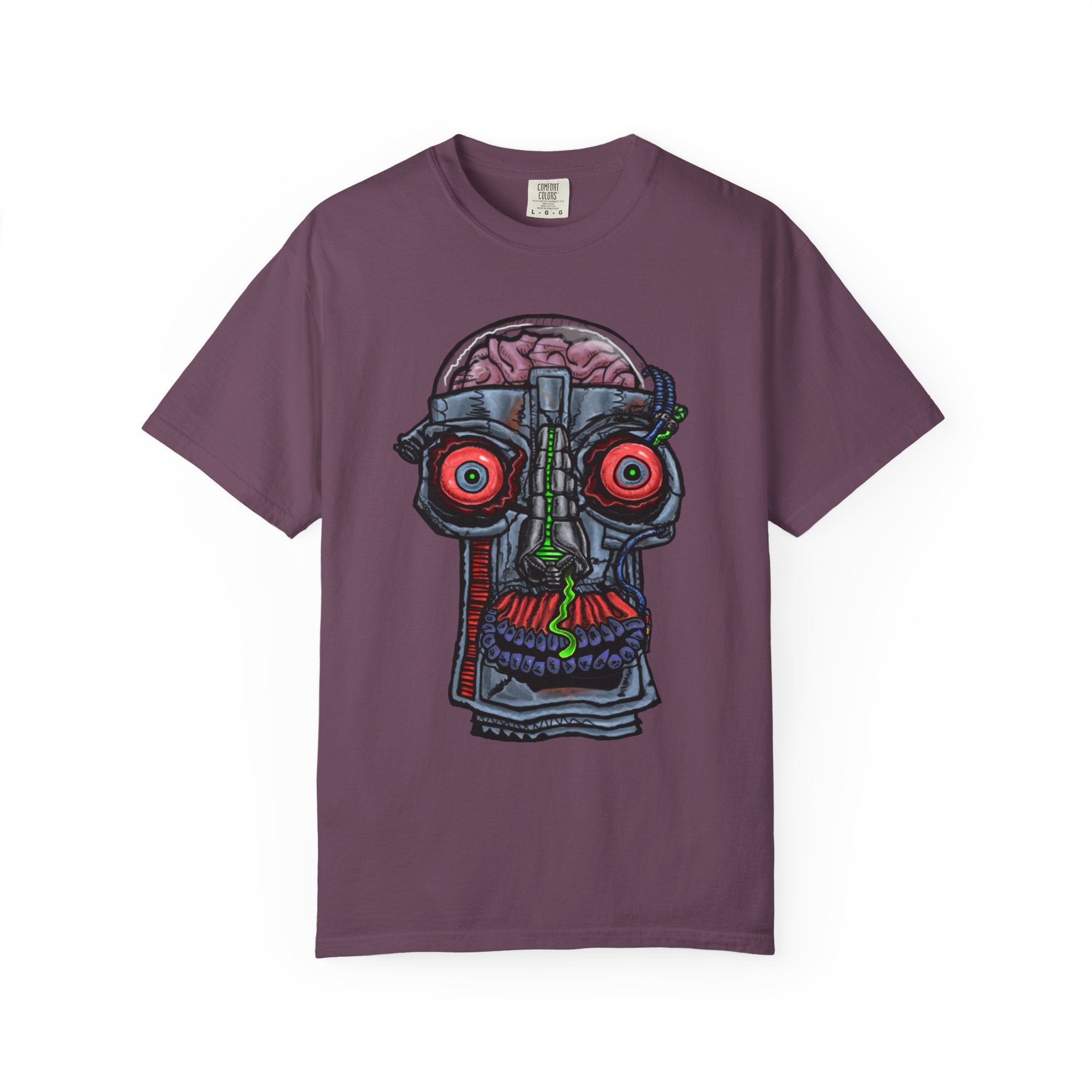 Freaky Features Robo Bobo t-shirt, front shows cybernetic robot skull with exposed brain and glowing eyes, back shows open pizza box with 8-bit pixel pepperoni pizza

