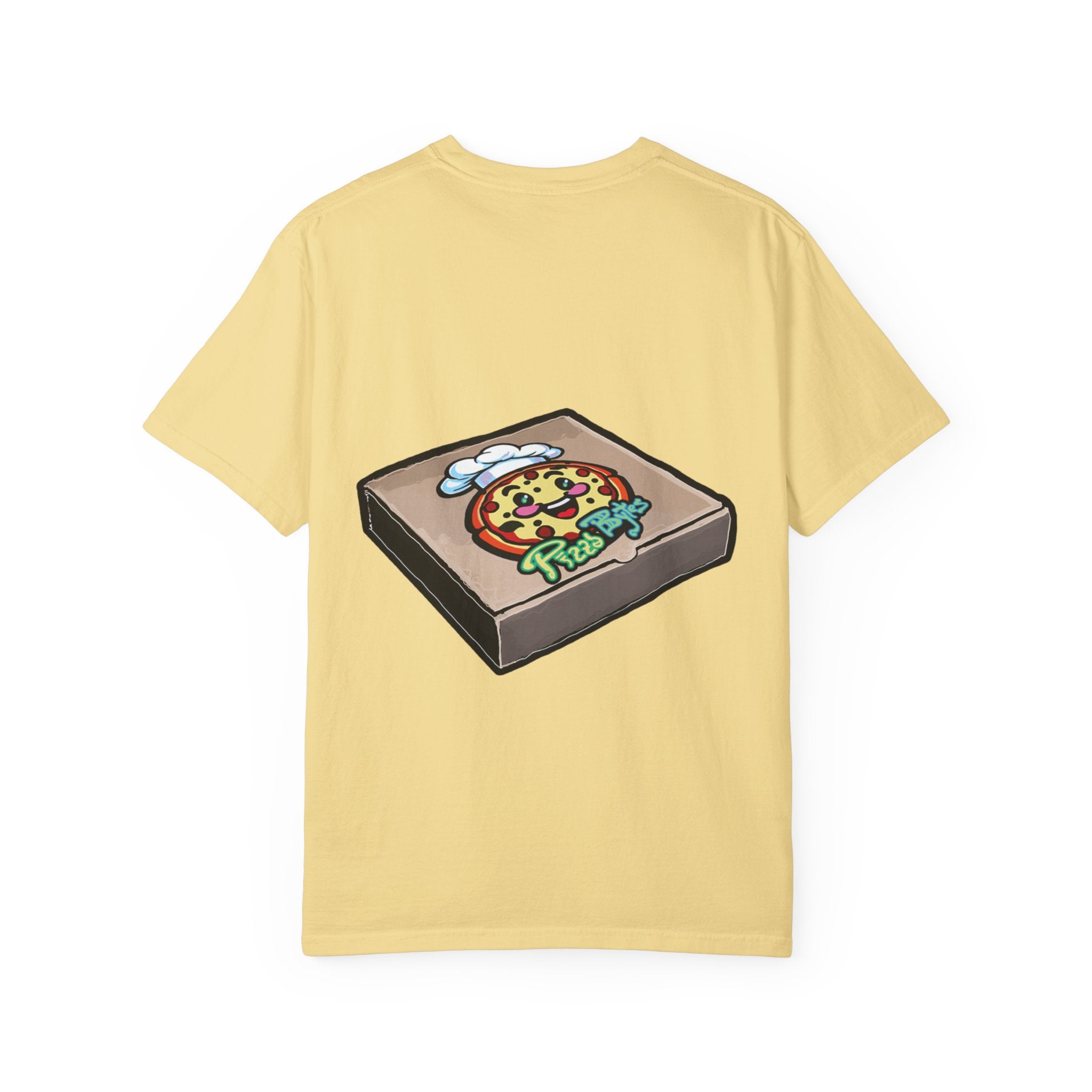 Hand-drawn pepperoni green pepper mushroom pizza box t-shirt showing open pizza box with pepperoni, green pepper and mushroom pizza from PizzaBytes collection

