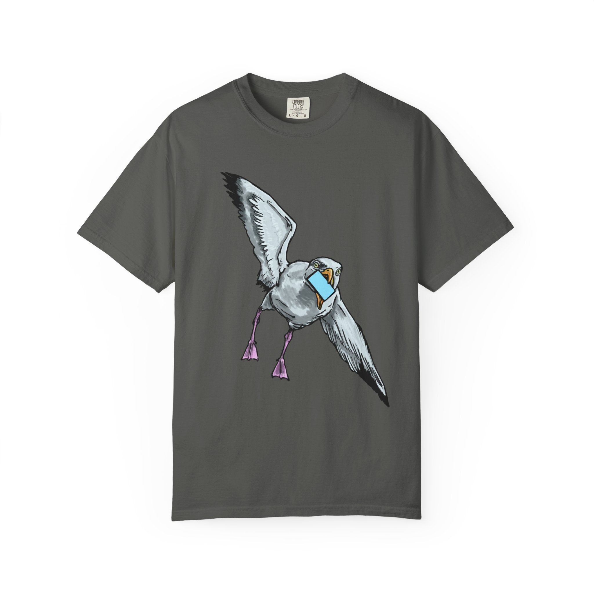 Hand-drawn pizza-stealing seagull monster t-shirt, outstretched wings and purple legs on tee from PizzaBytes collection