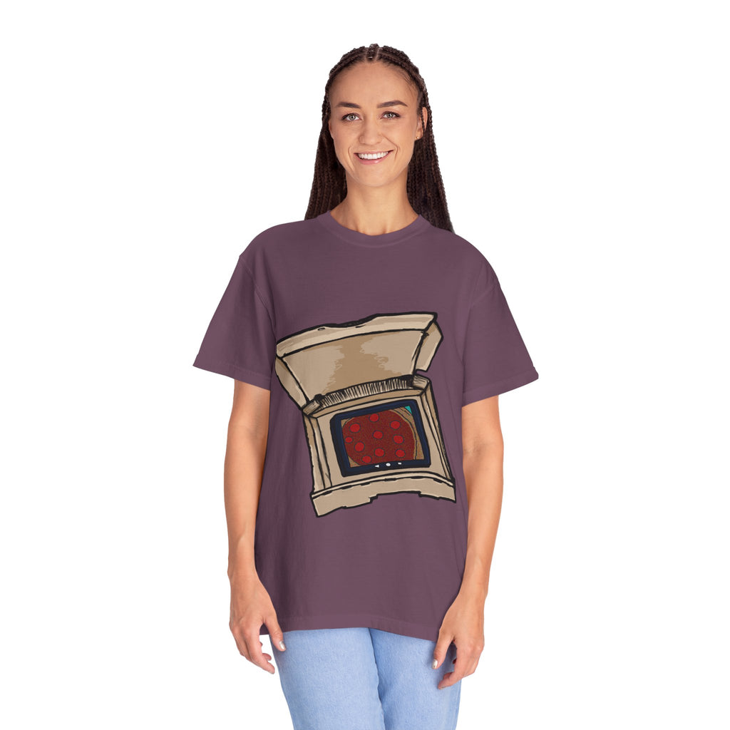 Hand-drawn TV pizza box t-shirt showing open pizza box turned into a retro television with pepperoni pizza on the screen from PizzaBytes collection

