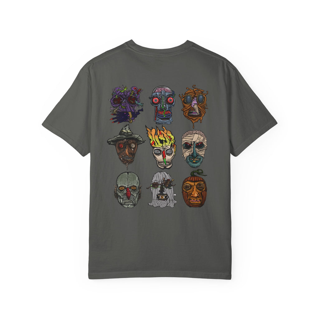 Freaky Features Collective #1 Mirrored t-shirt, front and back show mirrored 3x3 grids of hand-drawn monster heads from the Freaky Features collection
