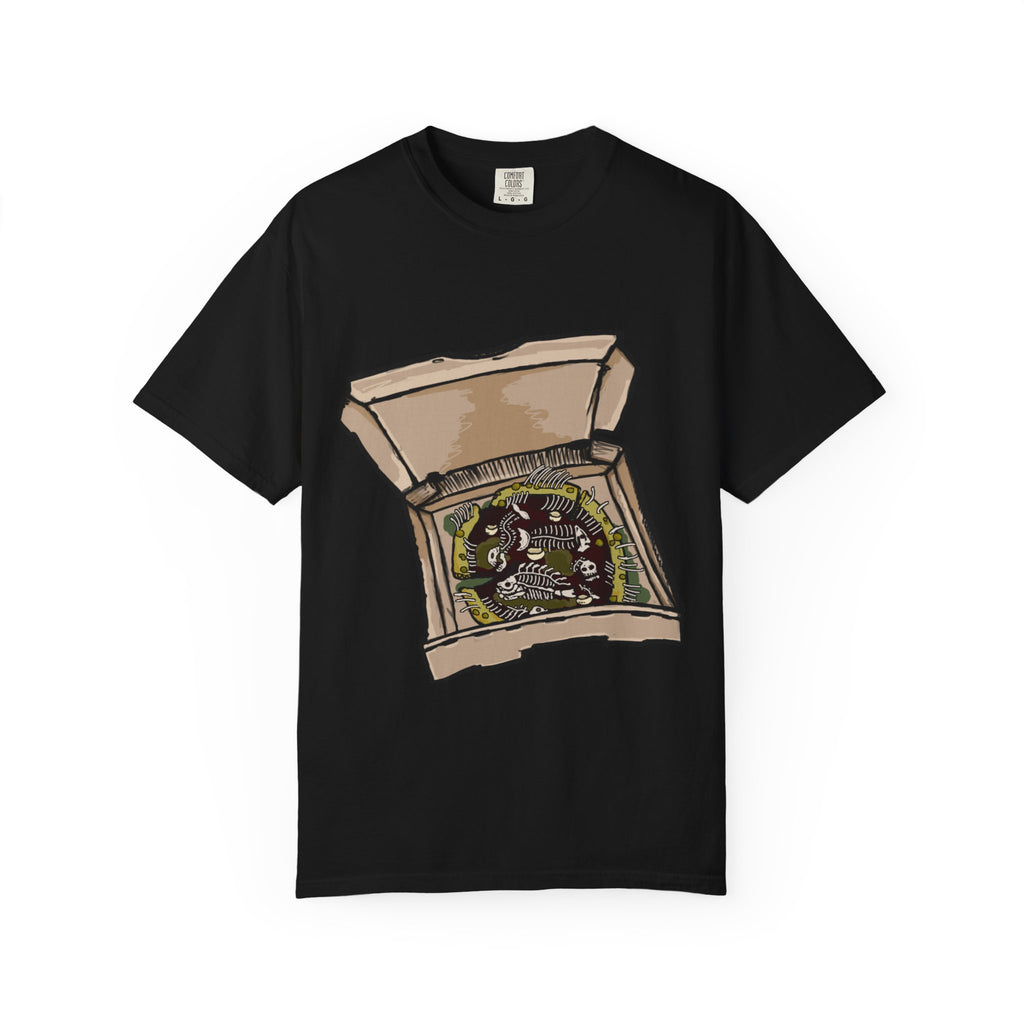 Hand-drawn sewer pizza box t-shirt showing open pizza box with skeletons, bones and green sludge pizza from PizzaBytes collection

