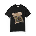 Hand-drawn sewer pizza box t-shirt showing open pizza box with skeletons, bones and green sludge pizza from PizzaBytes collection

