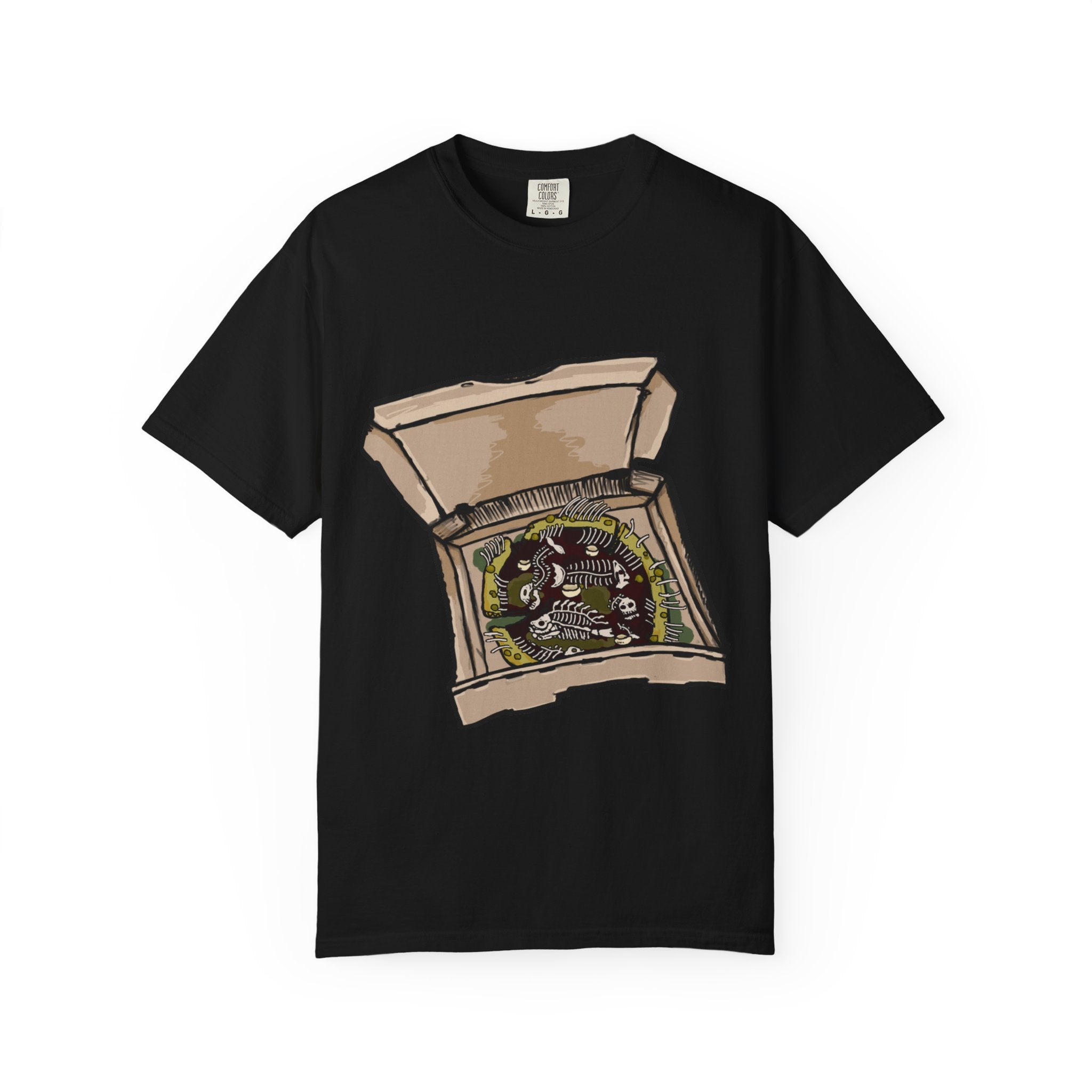 Hand-drawn sewer pizza box t-shirt showing open pizza box with skeletons, bones and green sludge pizza from PizzaBytes collection

