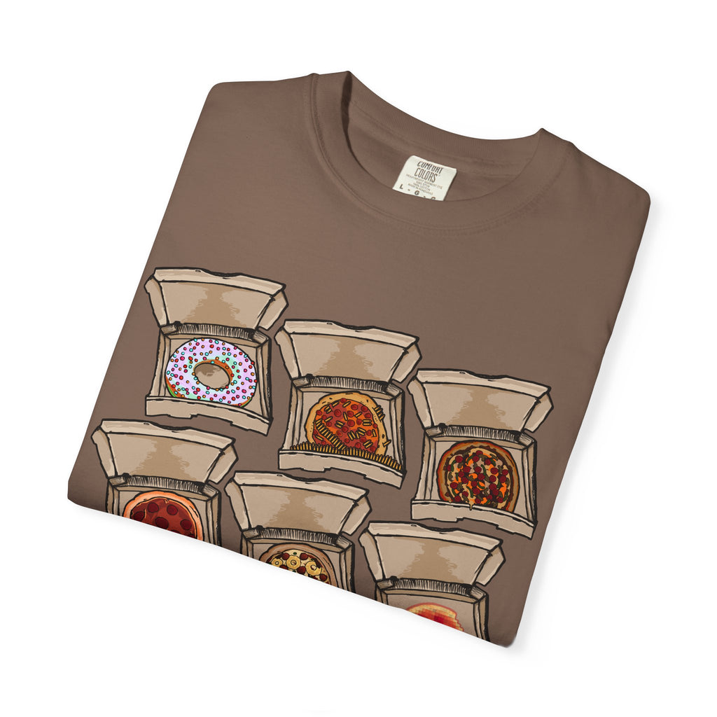 Hand-drawn PizzaBytes Set #3 t-shirt showing a 3x3 grid of open pizza boxes with various weird pizzas including rainbow donut, cherry pie and NFT from PizzaBytes collection

