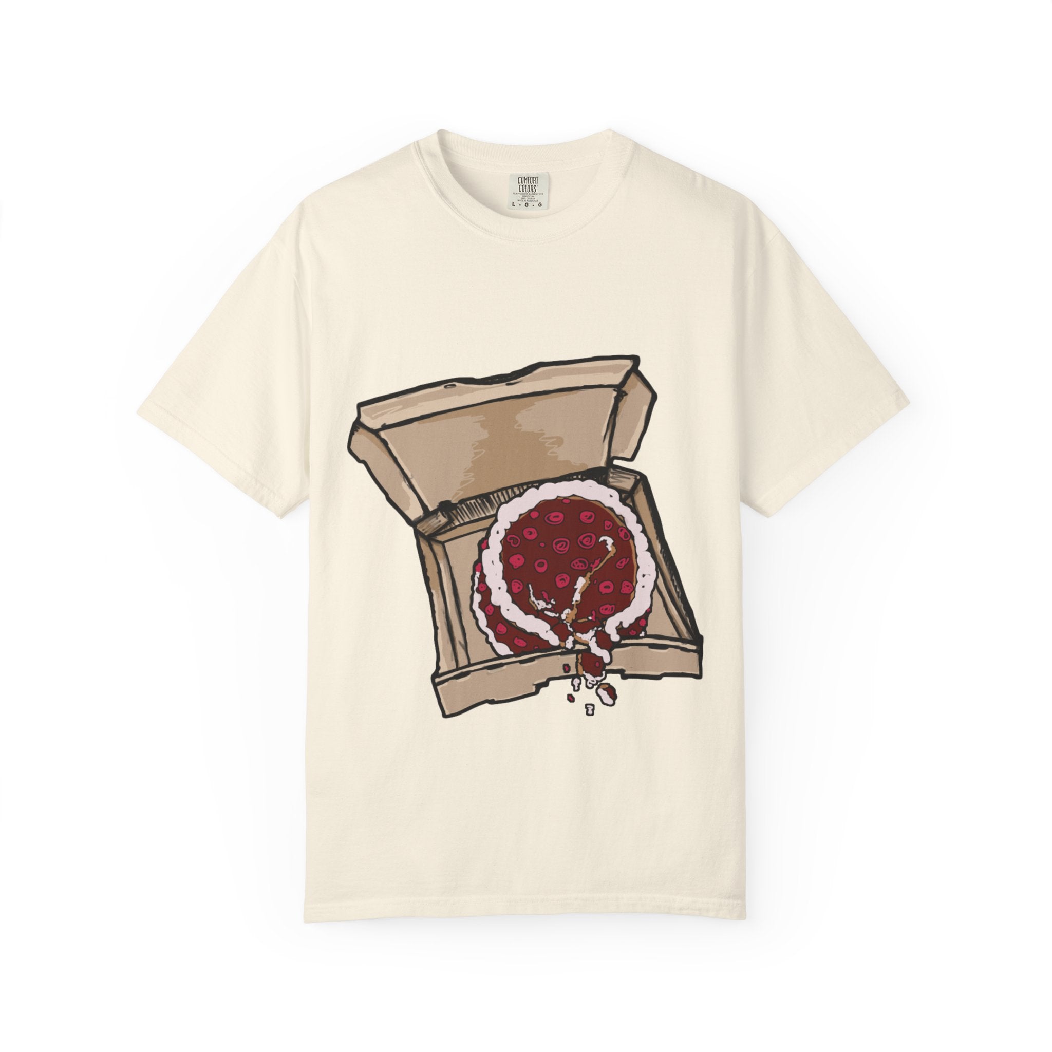 Hand-drawn cake pizza box t-shirt showing open pizza box with melting cake from PizzaBytes collection

