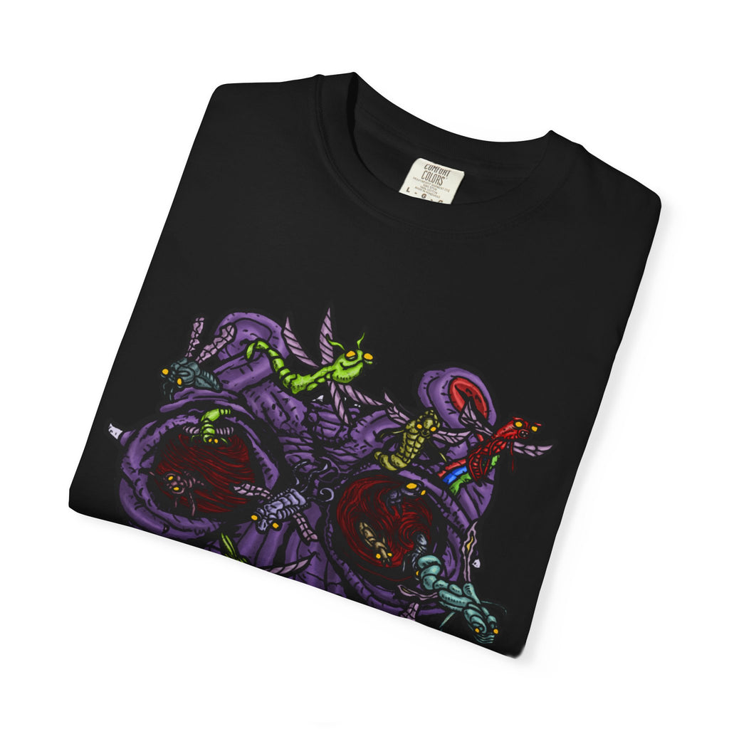Freaky Features Alien t-shirt, front shows chaotic purple alien tentacles and insect swarm, back shows open pizza box designed as retro TV with pepperoni pizza inside

