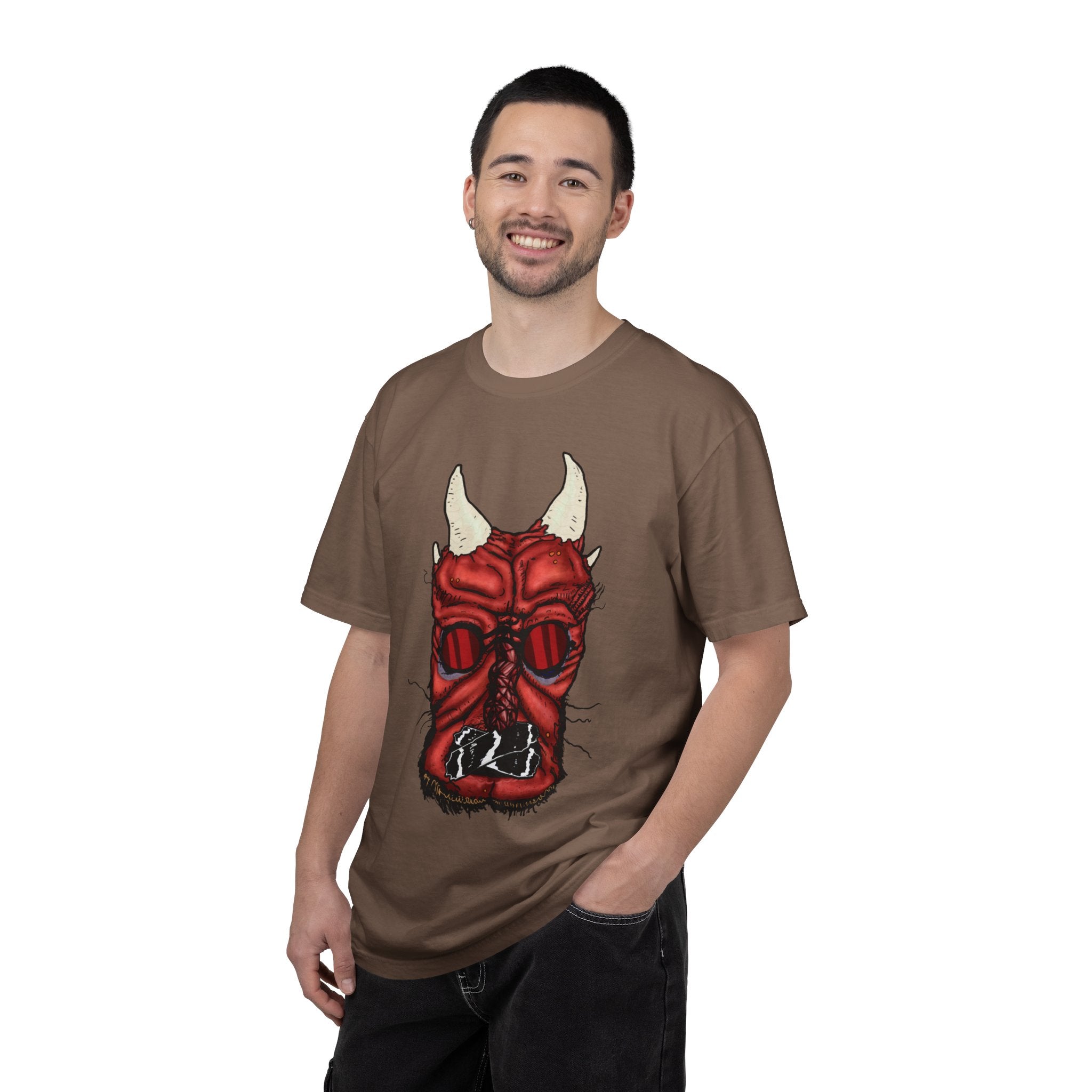 Freaky Features Demon t-shirt, front shows red demon head with horns and glowing eyes, back shows open pizza box being raided by little red devils
