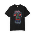 Freaky Features Robo Bobo t-shirt, front shows cybernetic robot skull with exposed brain and glowing eyes, back shows open pizza box with 8-bit pixel pepperoni pizza

