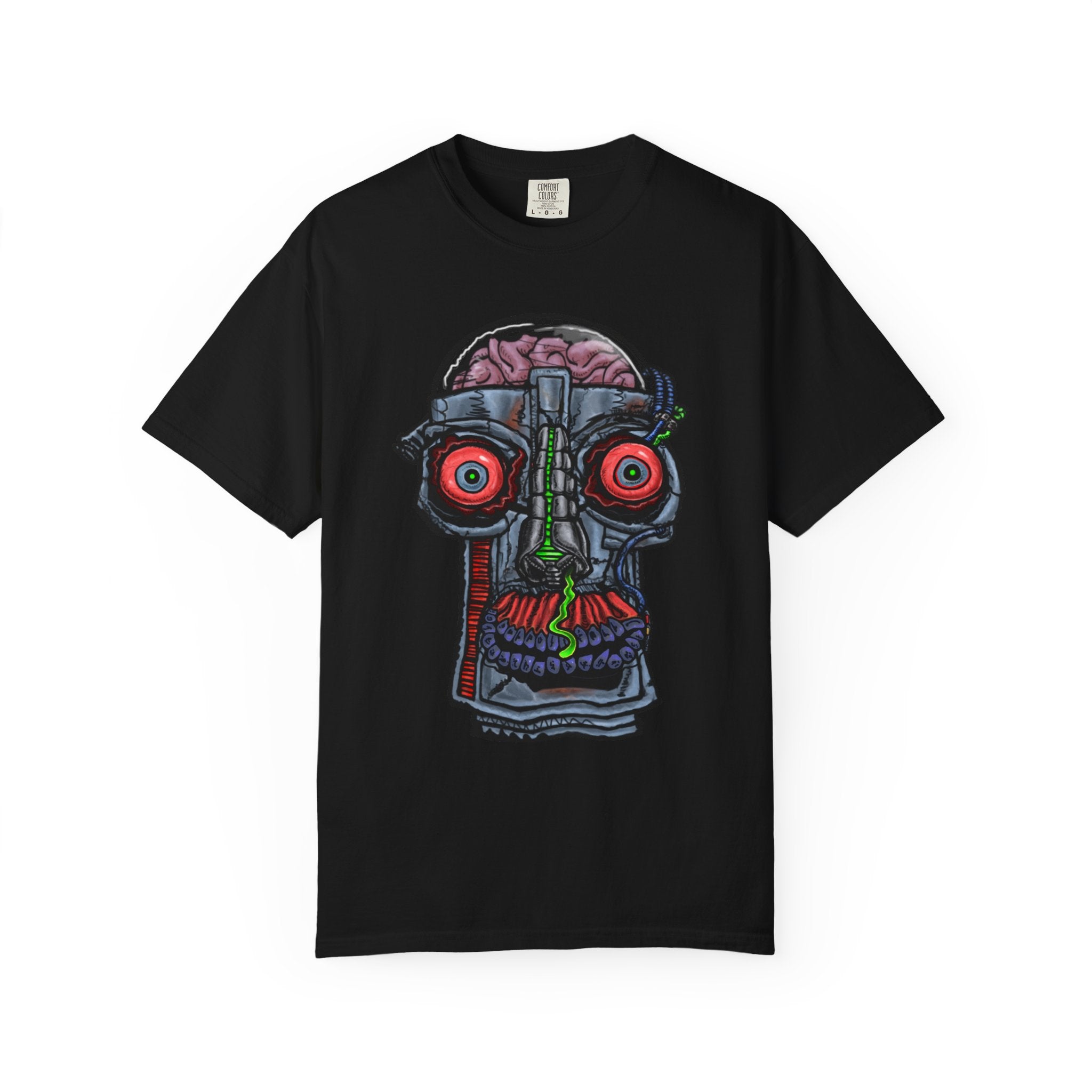 Freaky Features Robo Bobo t-shirt, front shows cybernetic robot skull with exposed brain and glowing eyes, back shows open pizza box with 8-bit pixel pepperoni pizza


