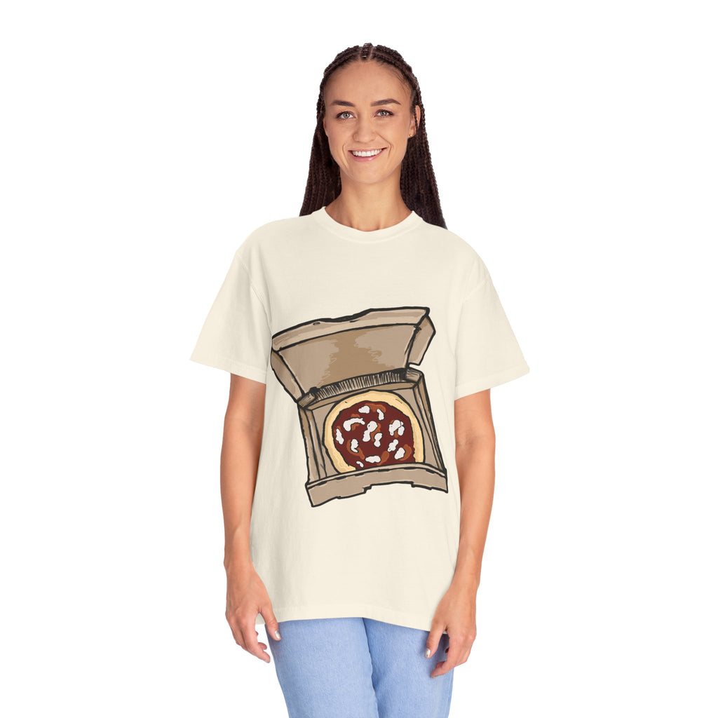 Hand-drawn mozzarella pizza box t-shirt showing open pizza box with red sauce and mozzarella cheese from PizzaBytes collection

