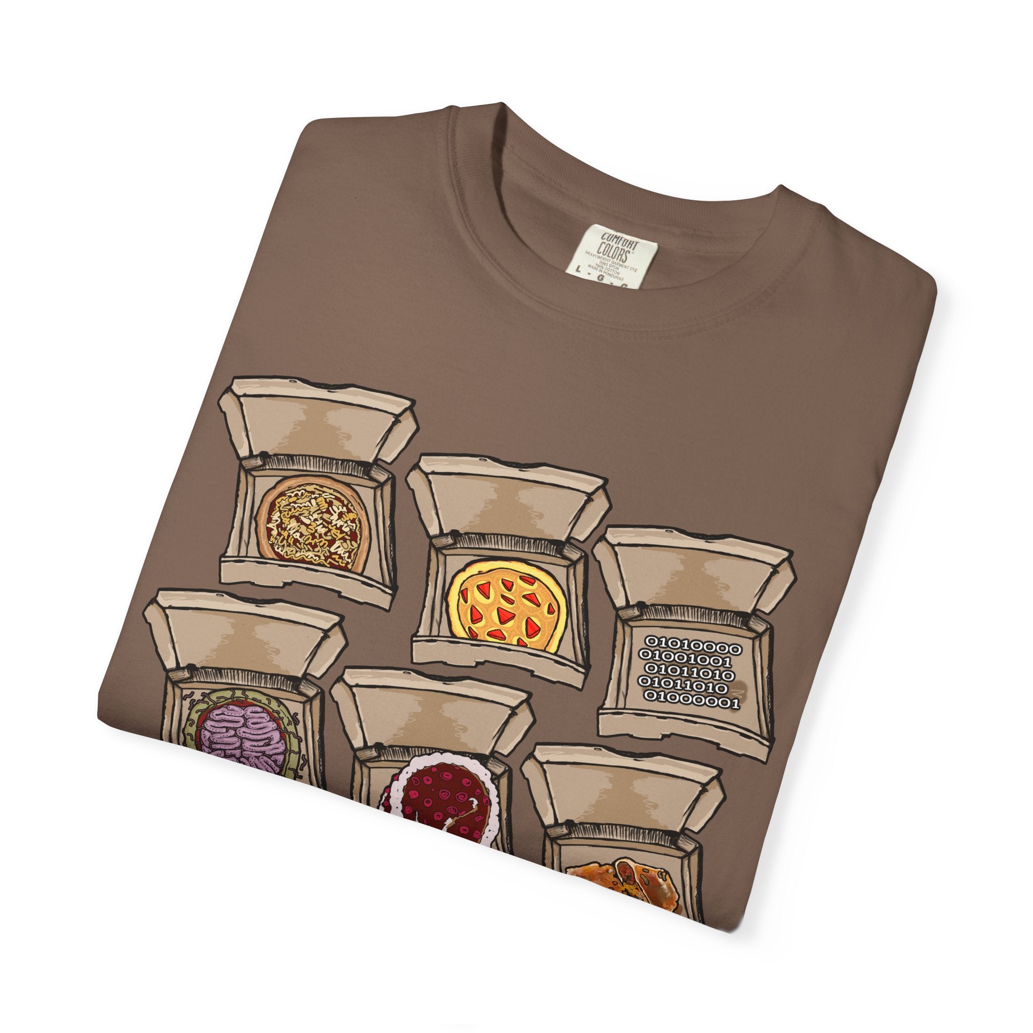 Hand-drawn PizzaBytes Set #1 t-shirt showing a 3x3 grid of open pizza boxes with brain pizza, ghost pizza, donut, binary code and more weird designs from PizzaBytes collection

