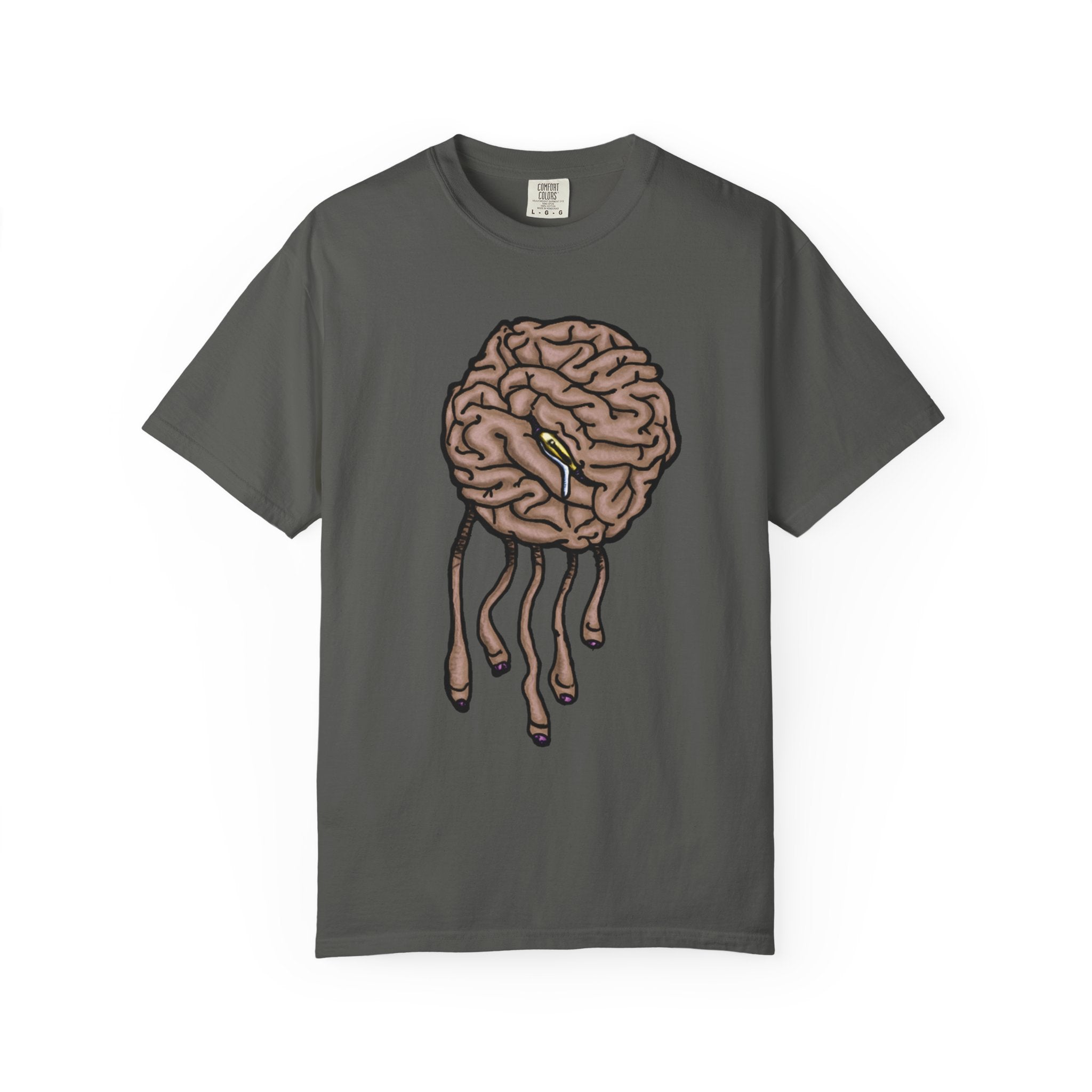 Freaky Features Sad Brian t-shirt, front shows a sad dripping brain monster with tentacles, back shows an open pizza box with half-eaten pizza on cake
