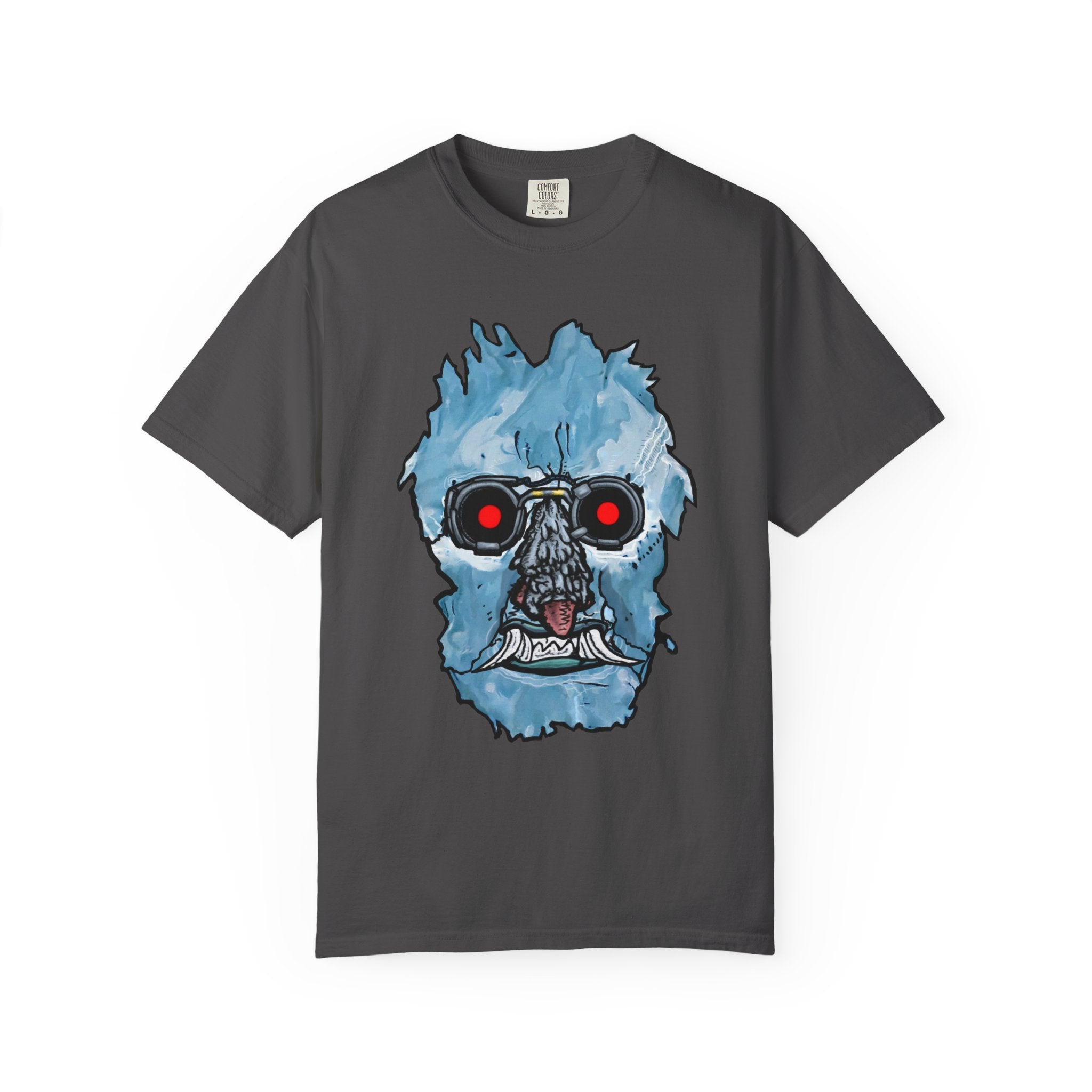 Freaky Features Iceman t-shirt, front shows frozen ice monster head with red goggles and fangs, back shows open pizza box with ice pizza inside
