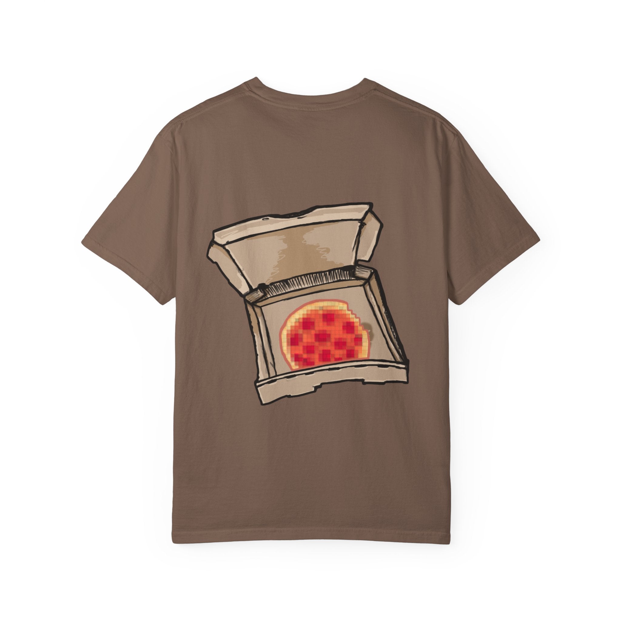 GamerPal t-shirt from Freaky Features showing a red Game Console turned into a walking pizza monster with mechanical limbs on dark gray tee
Paired with the GamerPal front design, this creates a complete story: your Game Console monster just ordered takeout… and it’s pixelated perfection.


