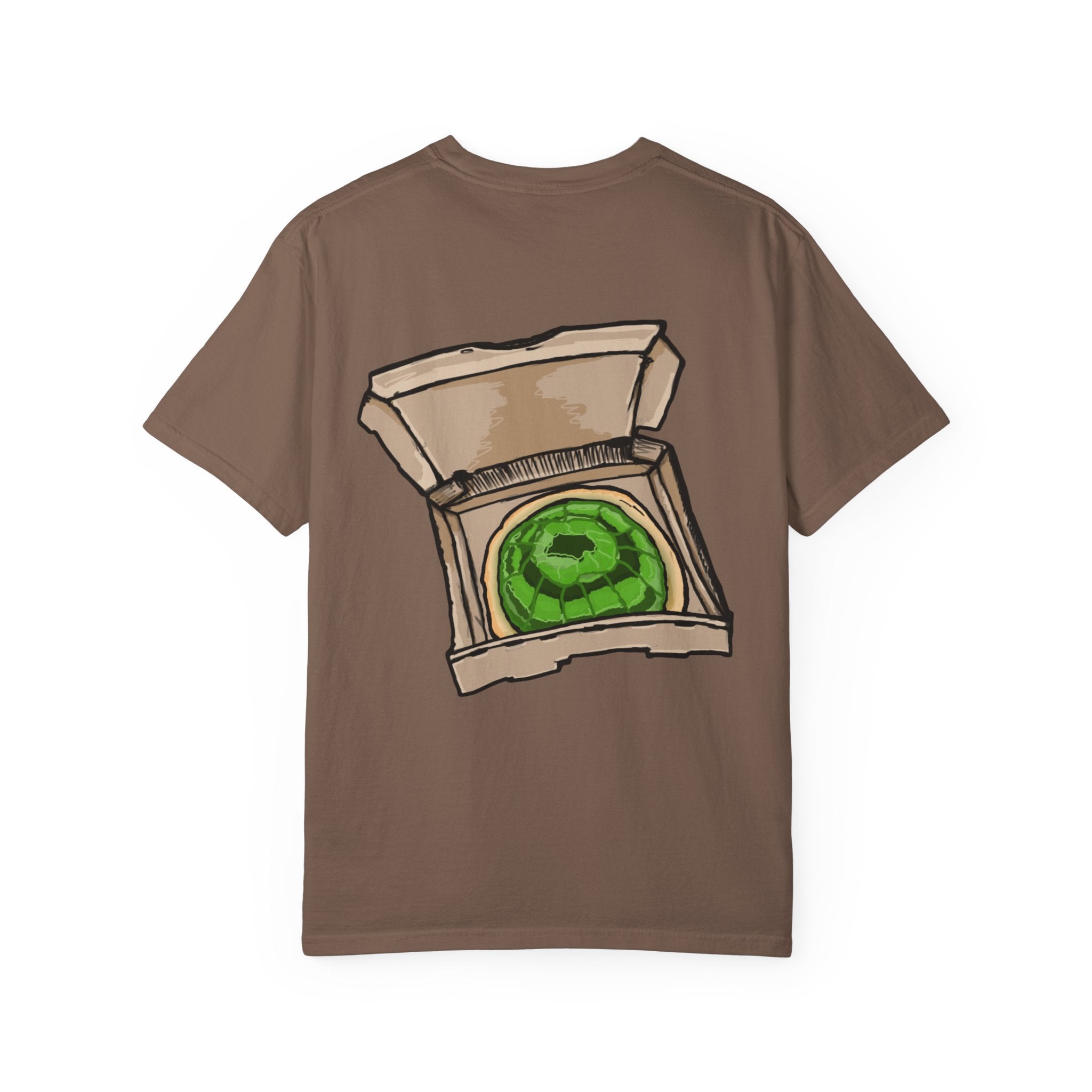 Freaky Features Radioactive Blob t-shirt, front shows neon green radioactive blob monster with cracked skull and glowing eyes, back shows open pizza box with glowing green jelly
