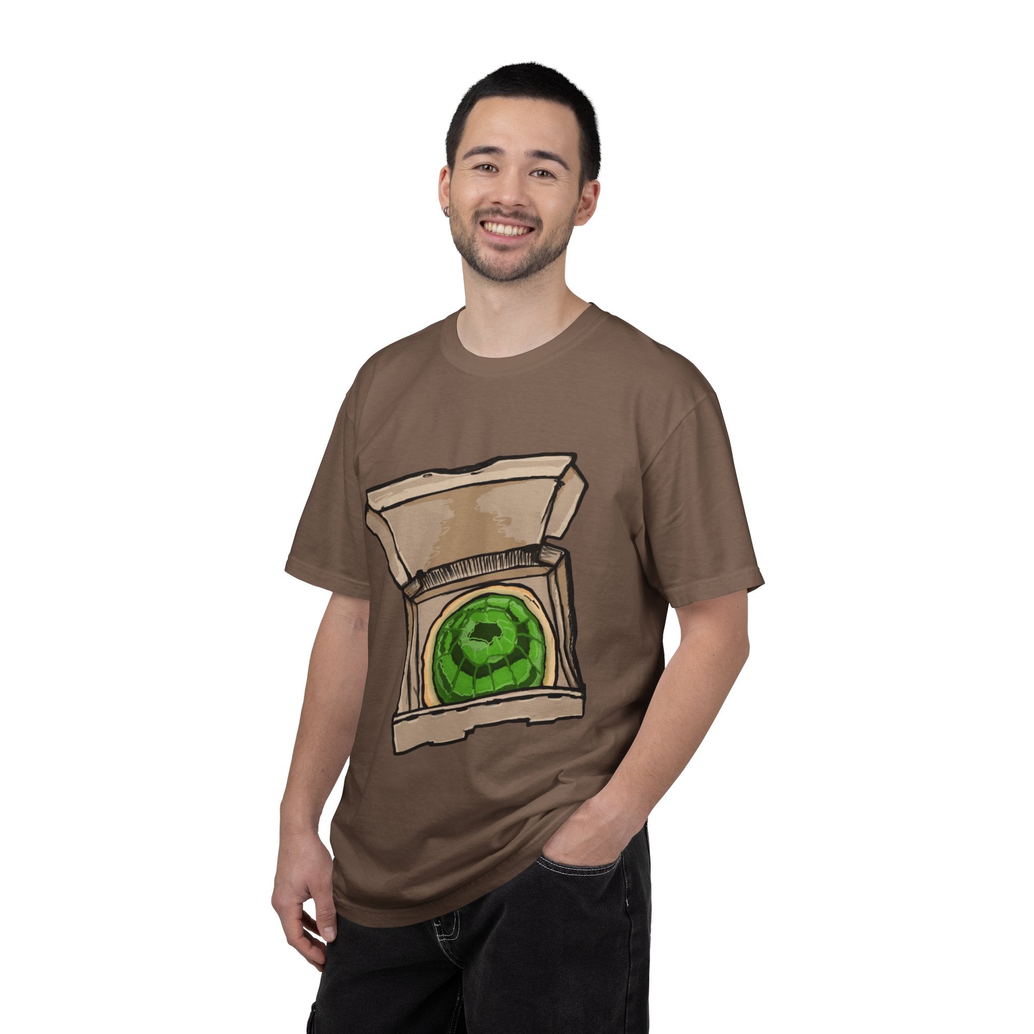 Hand-drawn jelly pizza box t-shirt showing open pizza box with green wobbly jelly pizza from PizzaBytes collection

