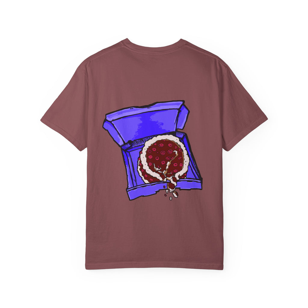 Freaky Features Sad Brian t-shirt, front shows a sad dripping brain monster with tentacles, back shows an open pizza box with half-eaten cake dripping

