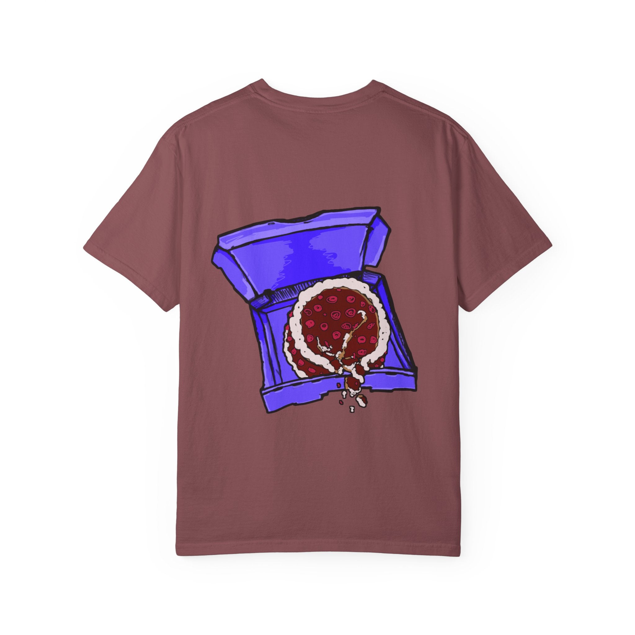 Freaky Features Sad Brian t-shirt, front shows a sad dripping brain monster with tentacles, back shows an open pizza box with half-eaten cake dripping
