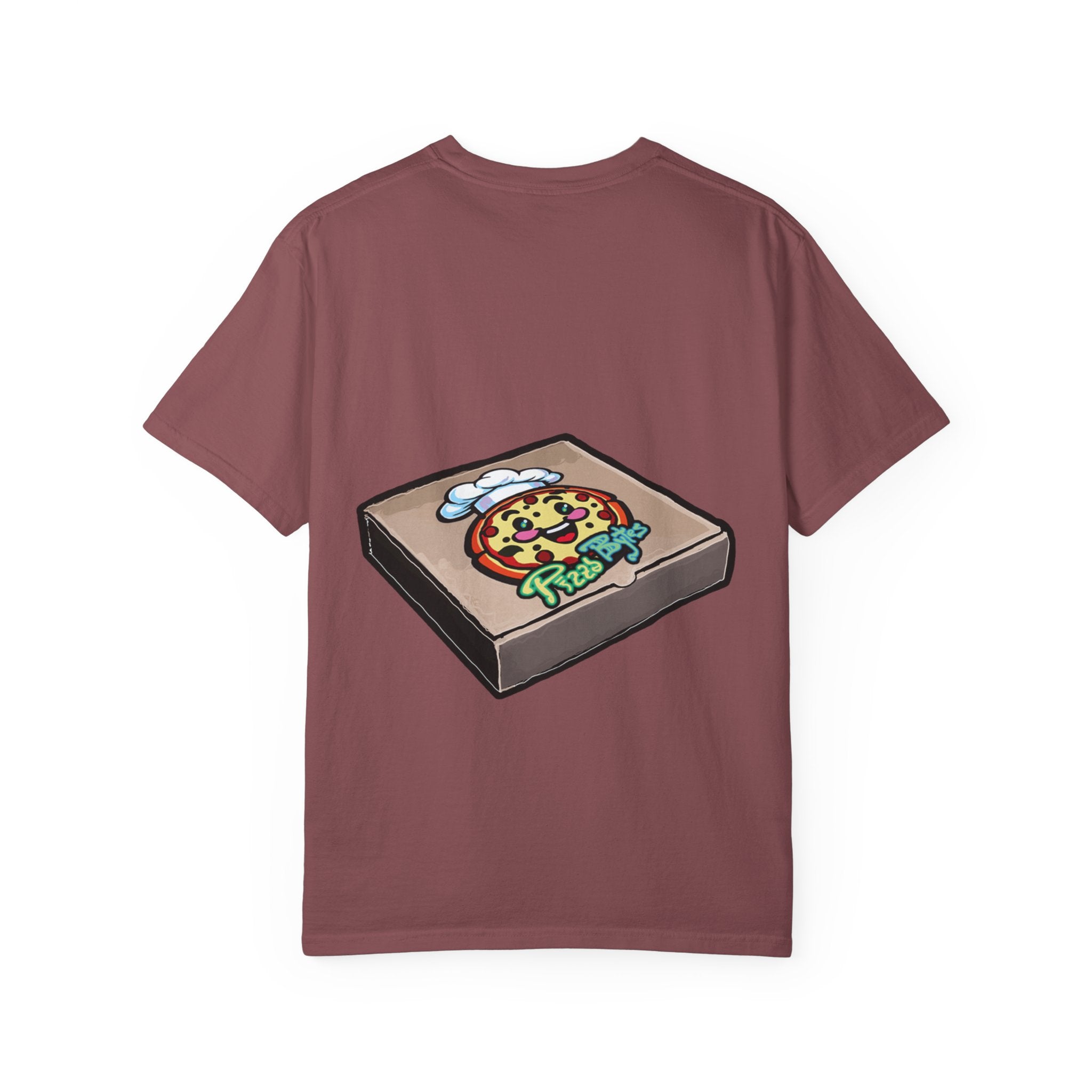 Hand-drawn brain pizza box t-shirt showing open pizza box with a detailed human brain pizza from PizzaBytes collection

