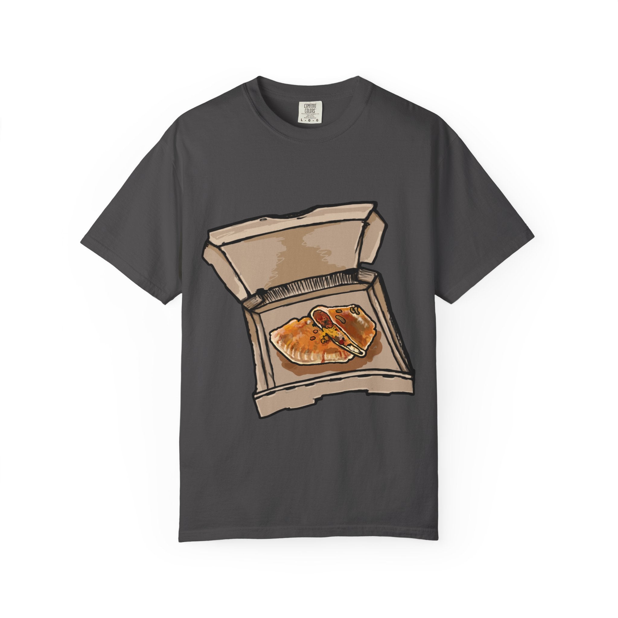 Hand-drawn calzone pizza box t-shirt showing open pizza box with two calzones from PizzaBytes collection

