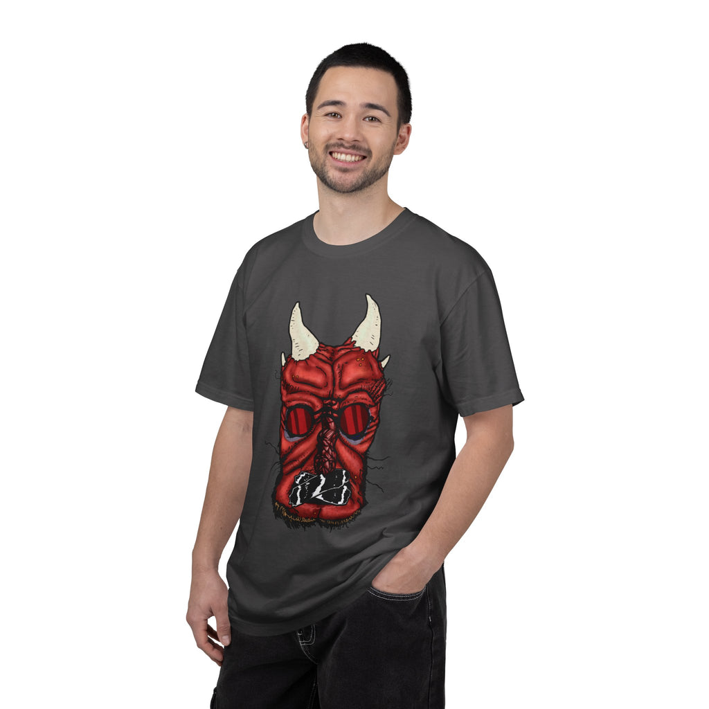 Freaky Features Demon t-shirt, front shows red demon head with horns and glowing eyes, back shows open pizza box being raided by little red devils
