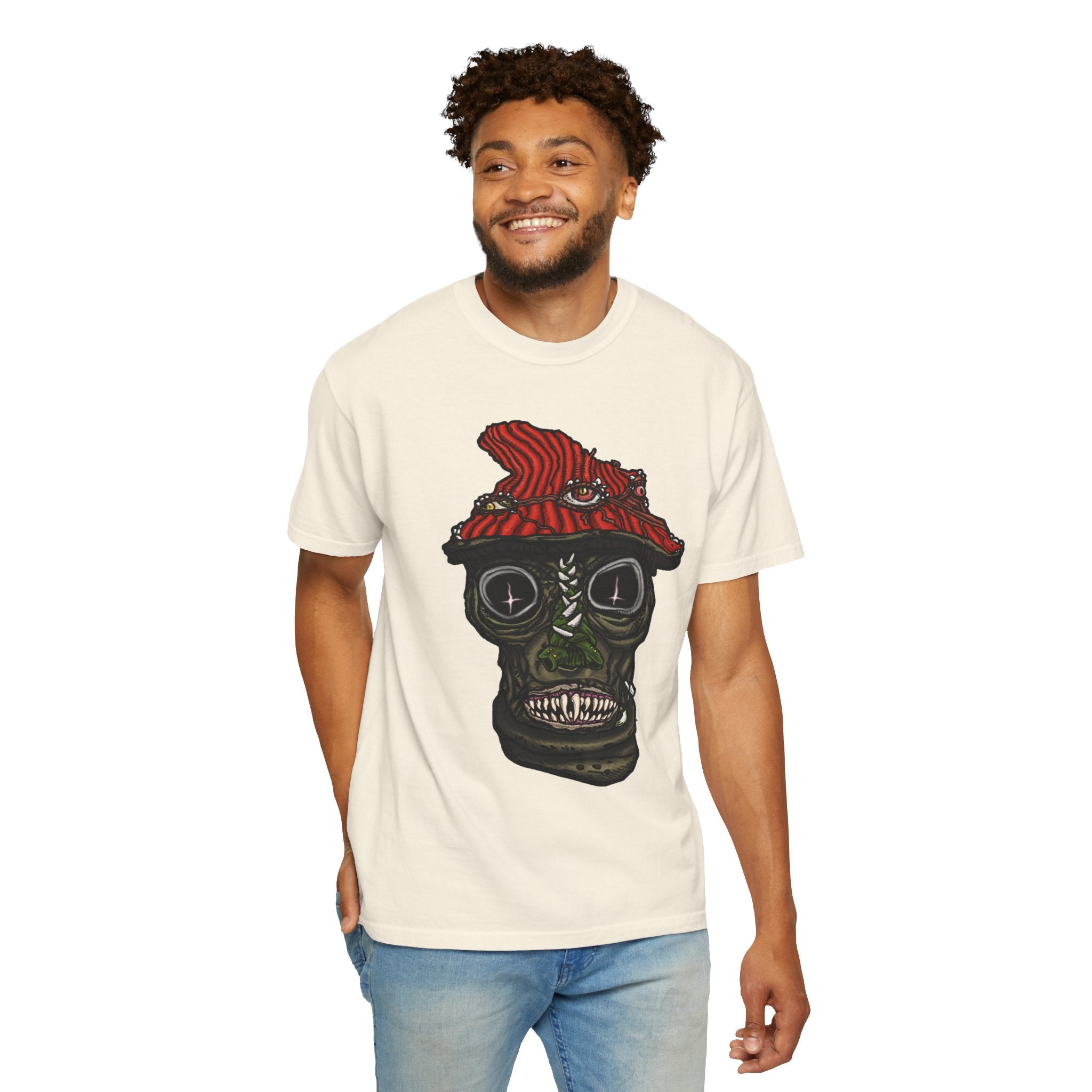 Freaky Features Mushroom Boy t-shirt, front shows grotesque mushroom skull with red cap and multiple eyes, back shows open pizza box with rainbow sprinkle donut
