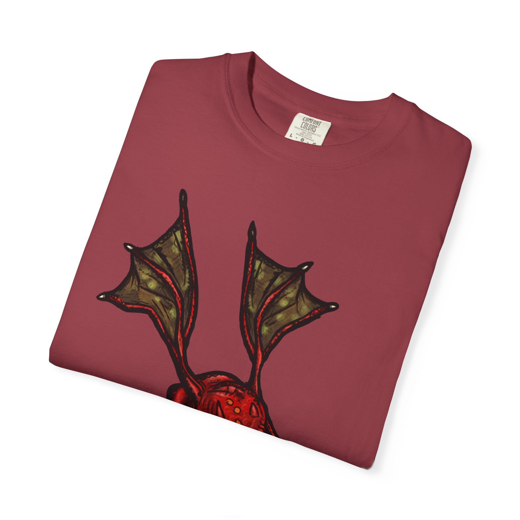 Freaky Features Fire Imp t-shirt, front shows a red bat-winged fire imp, back shows a monster-headed pizza box being raided by little red devils 
