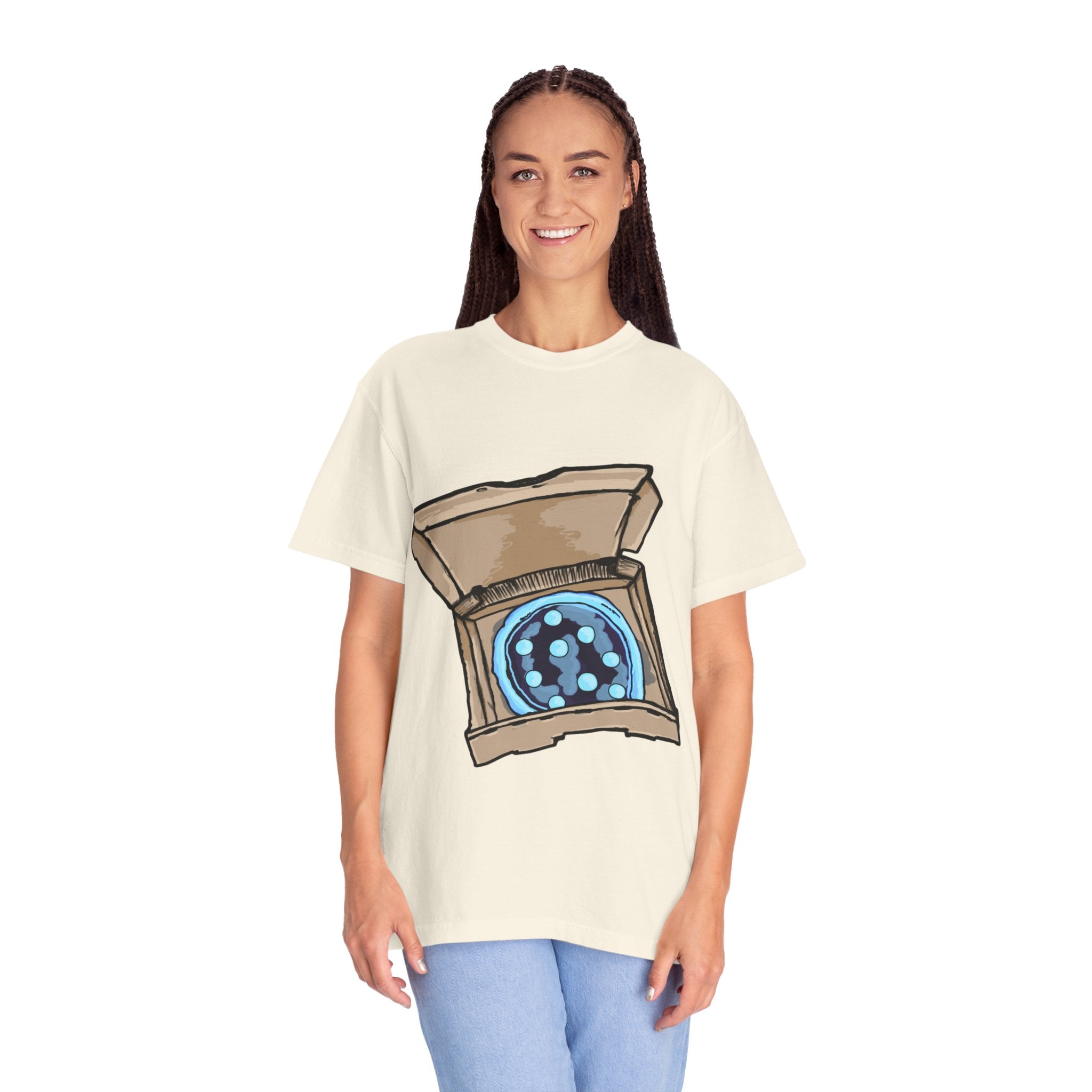 Hand-drawn ice pizza box t-shirt showing open pizza box with glowing blue ice pizza and floating orbs from PizzaBytes collection

