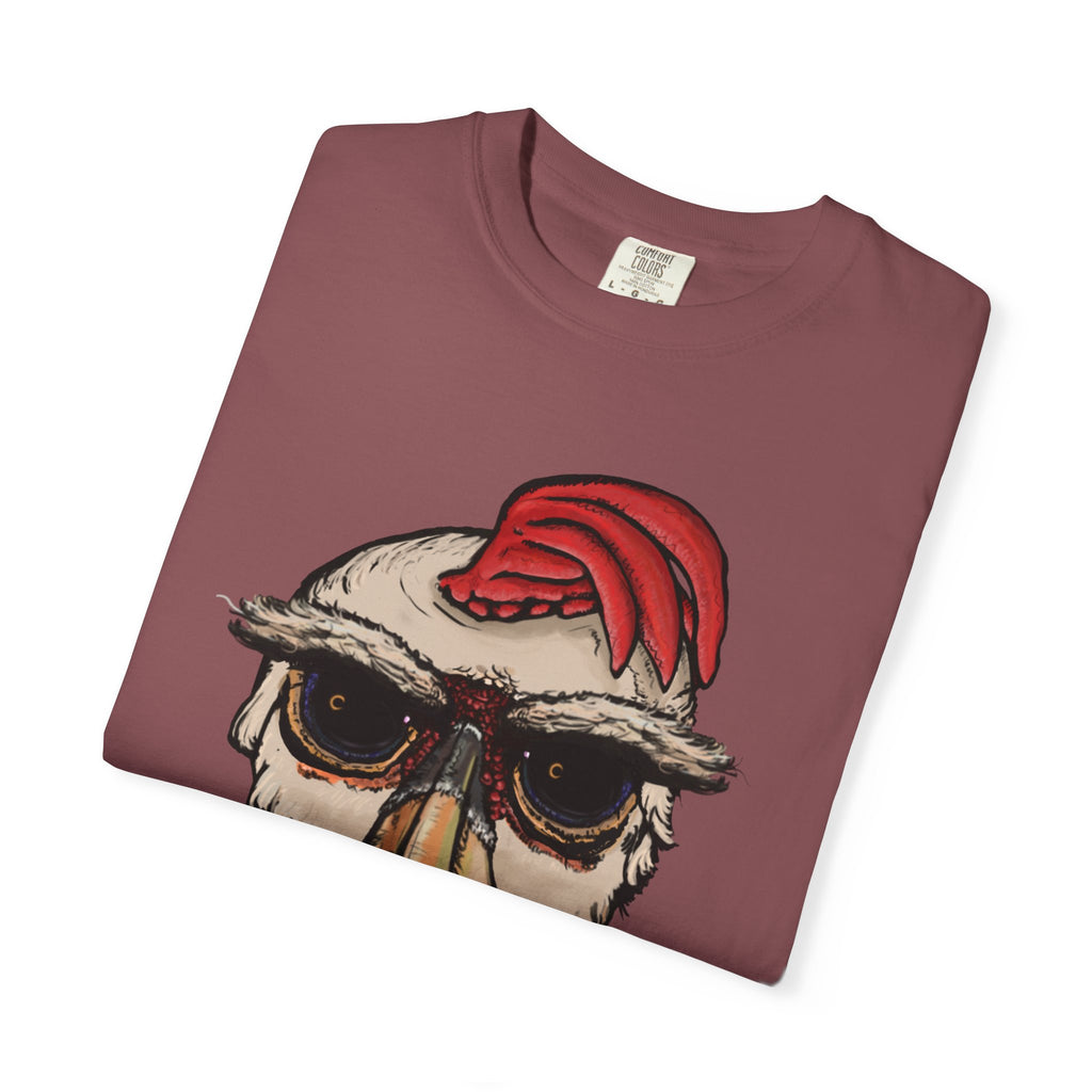 Freaky Features Paranoid Chicken t-shirt, front shows paranoid rooster head, back shows open pizza box with chocolate donut