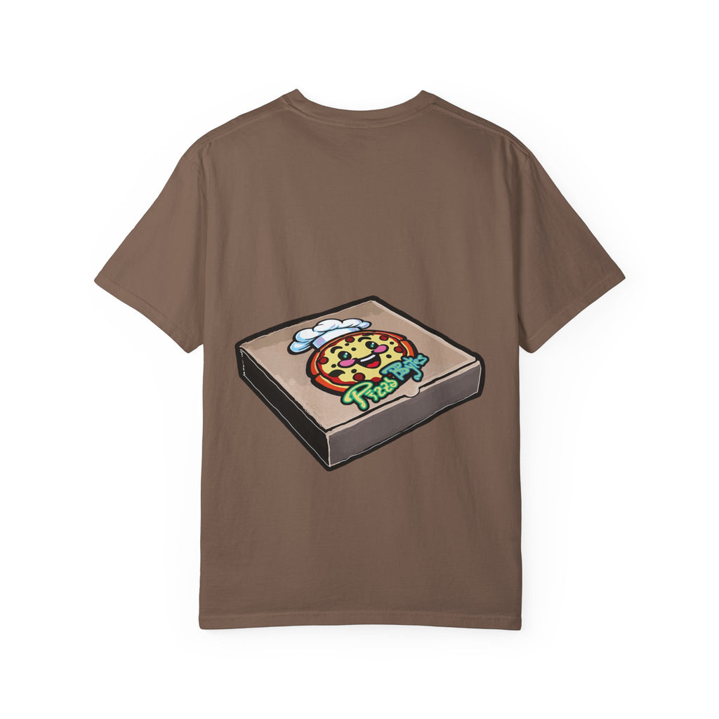 Hand-drawn burger pizza box t-shirt showing open pizza box with pepperoni pizza topped with mini cheeseburgers on Comfort tee from PizzaBytes collection