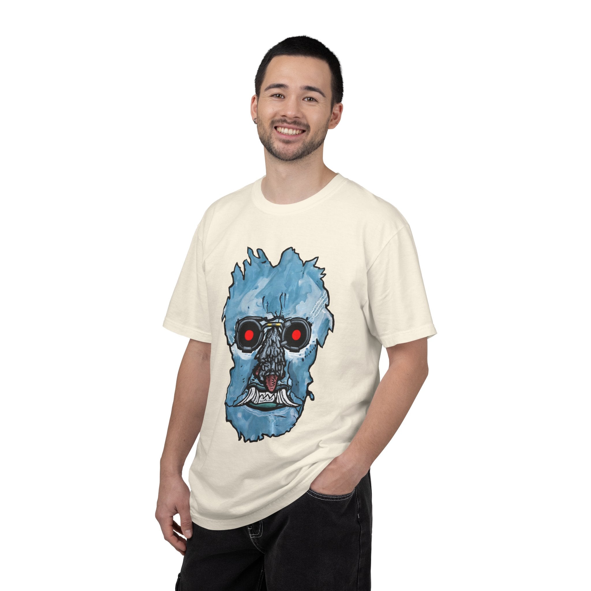 Freaky Features Iceman t-shirt, front shows frozen ice monster head with red goggles and fangs, back shows open pizza box with ice pizza inside
