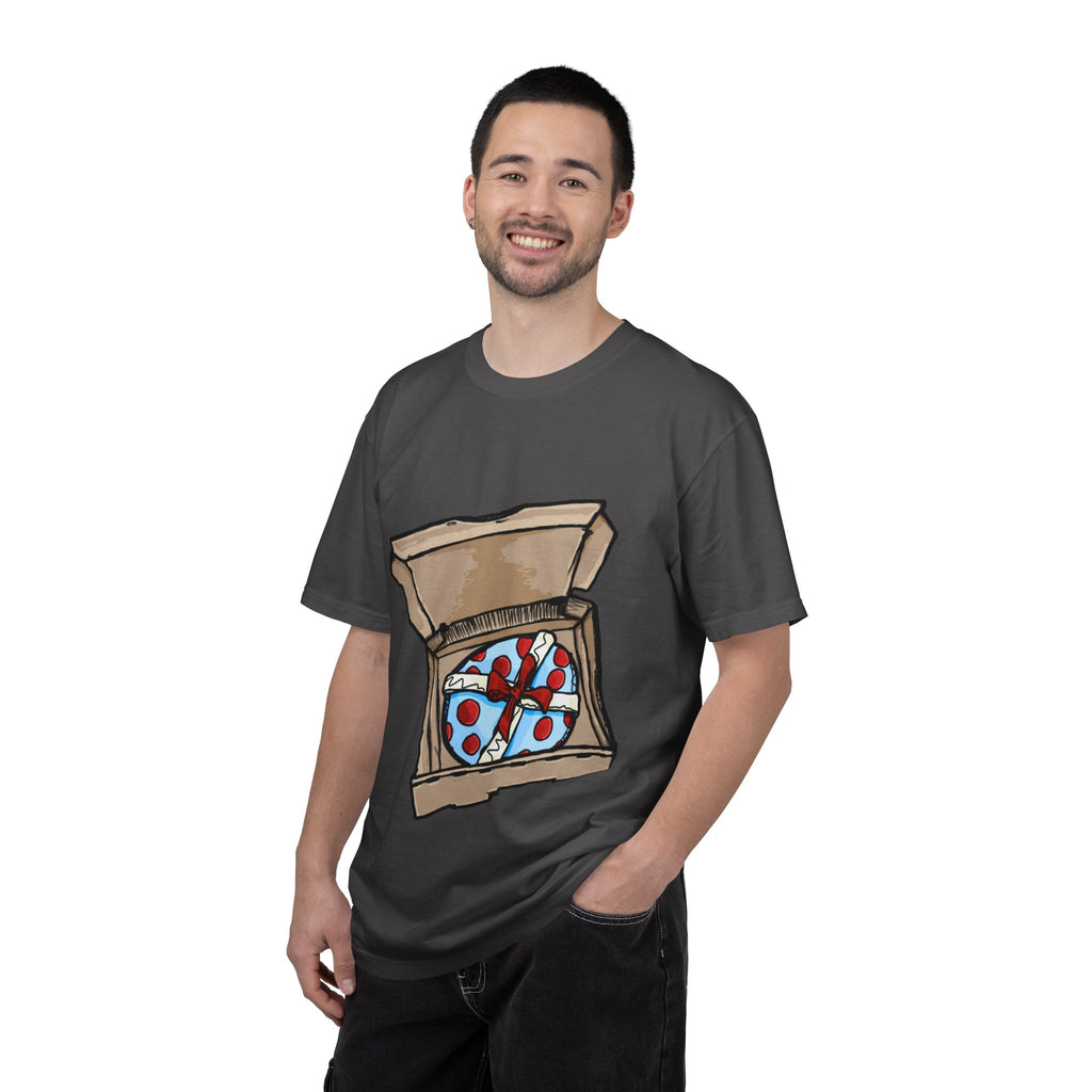 Hand-drawn gift pizza box t-shirt showing open pizza box with blue polka-dotted wrapped gift and red bow on Comfort tee from PizzaBytes collection
