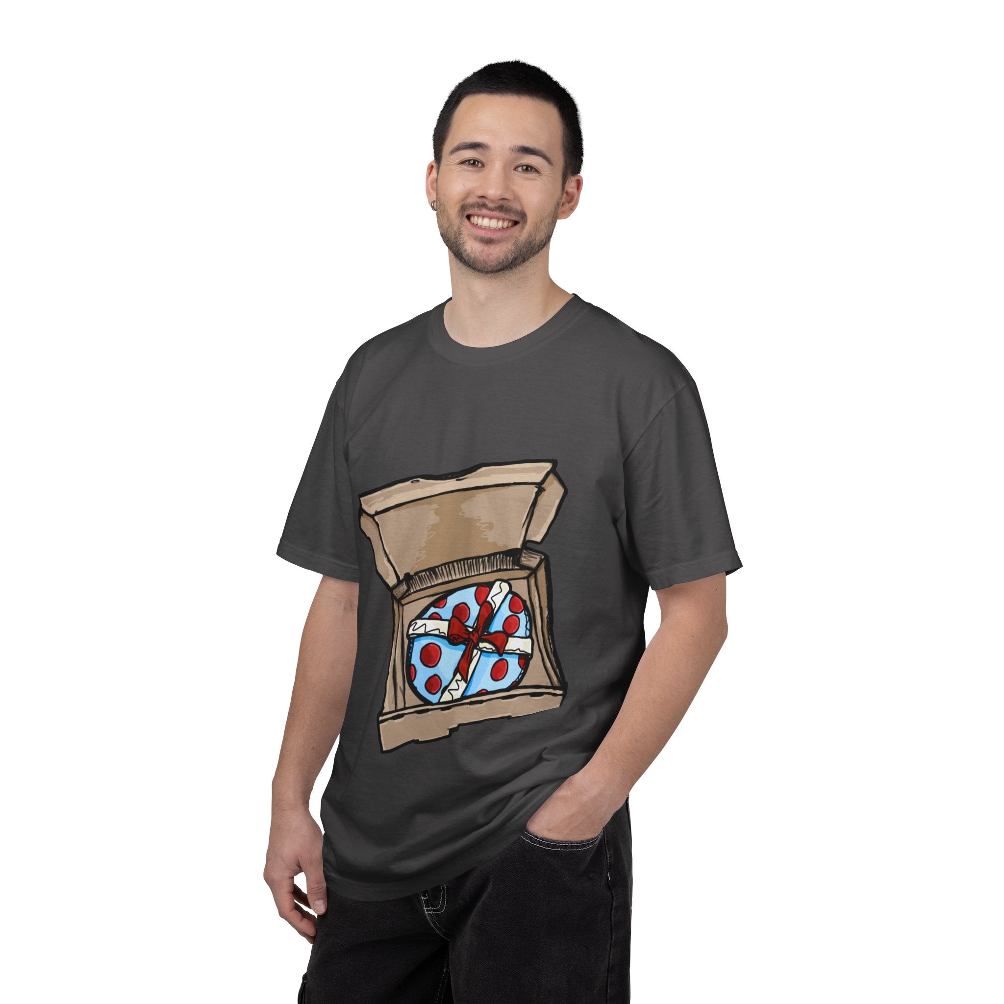 Hand-drawn gift pizza box t-shirt showing open pizza box with blue polka-dotted wrapped gift and red bow on Comfort tee from PizzaBytes collection
