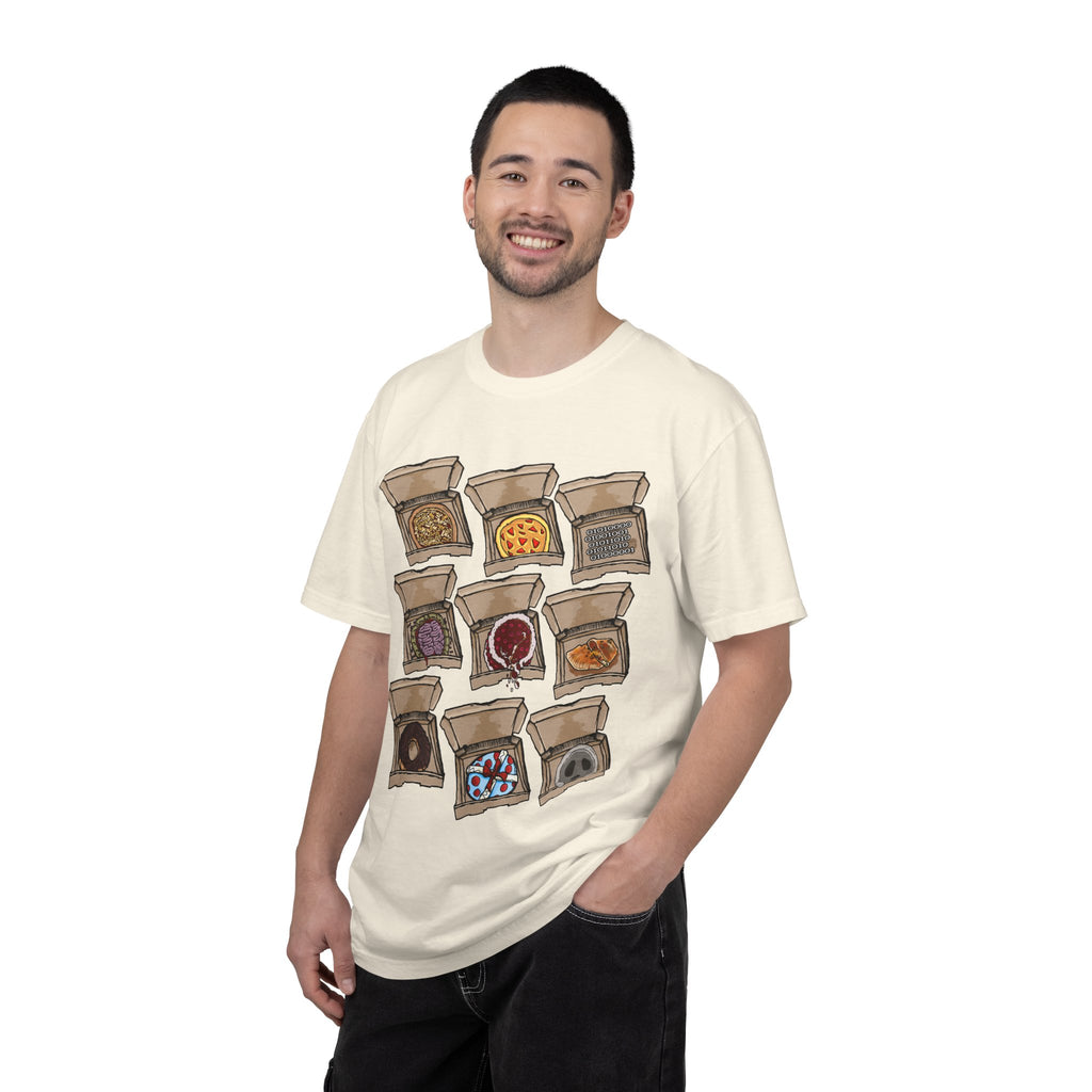 Hand-drawn PizzaBytes Set #1 t-shirt showing a 3x3 grid of open pizza boxes with brain pizza, ghost pizza, donut, binary code and more weird designs from PizzaBytes collection


