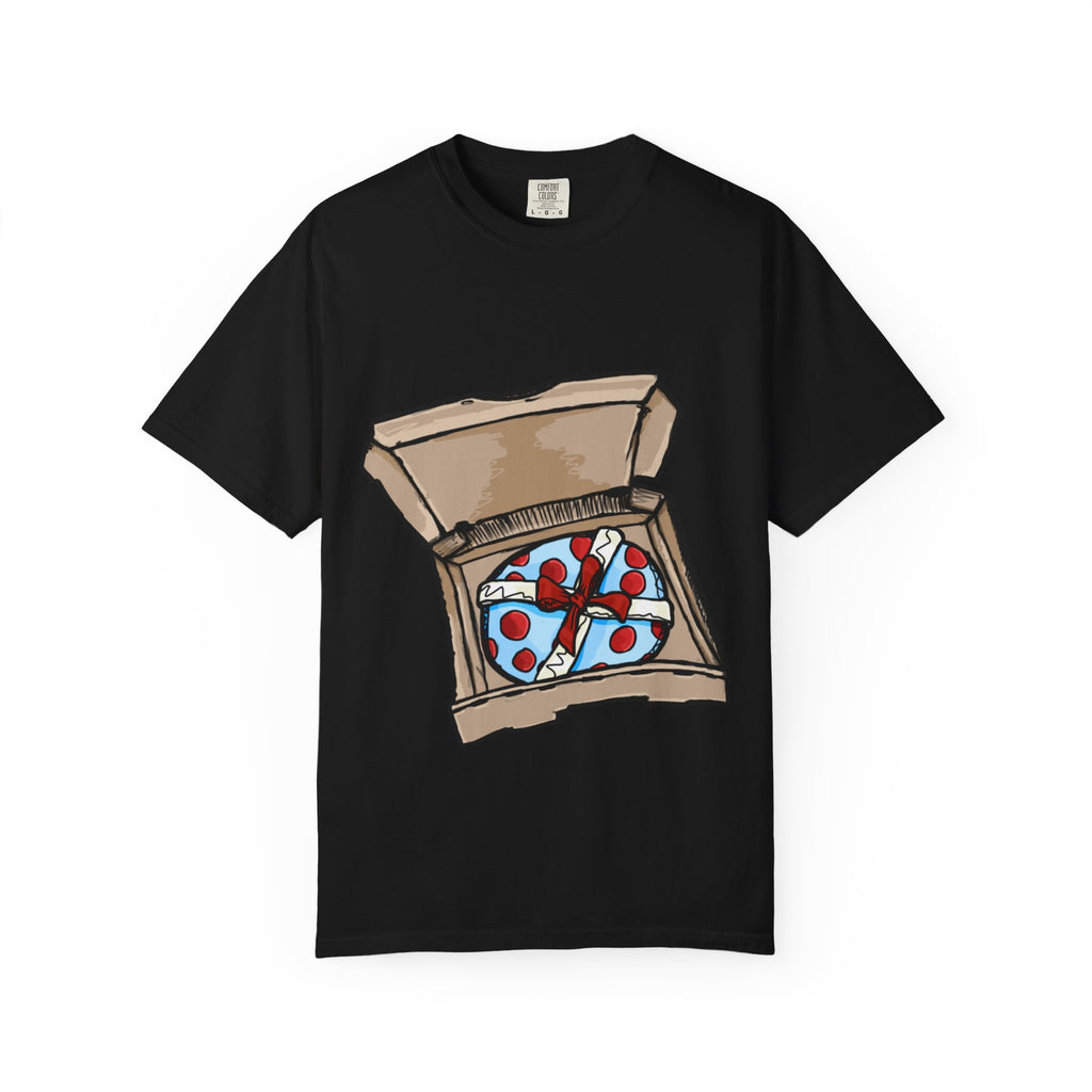 Hand-drawn gift pizza box t-shirt showing open pizza box with blue polka-dotted wrapped gift and red bow on Comfort tee from PizzaBytes collection
