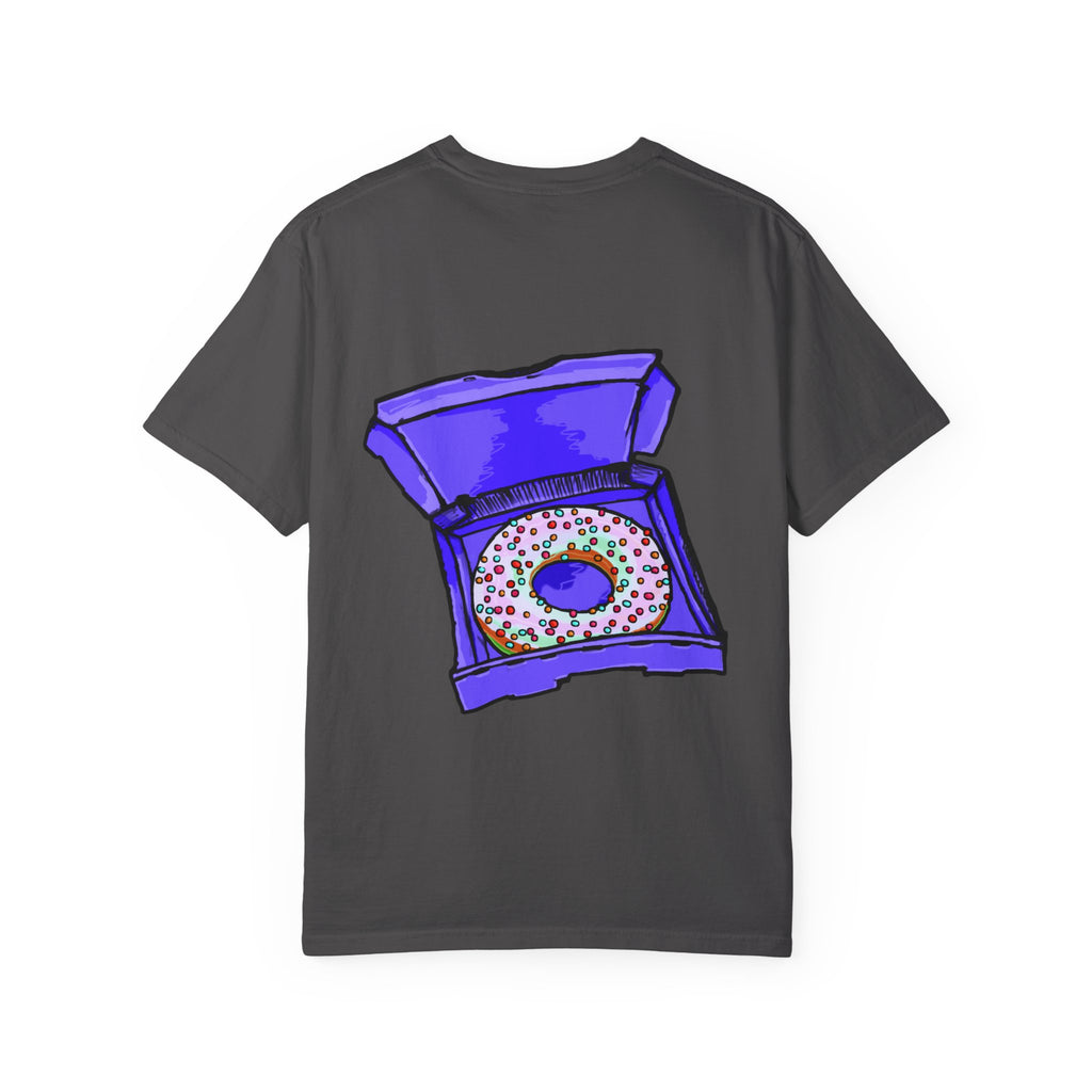 Freaky Features Brian t-shirt, front shows purple brain monster with tentacles, back shows open purple pizza box with a donut inside