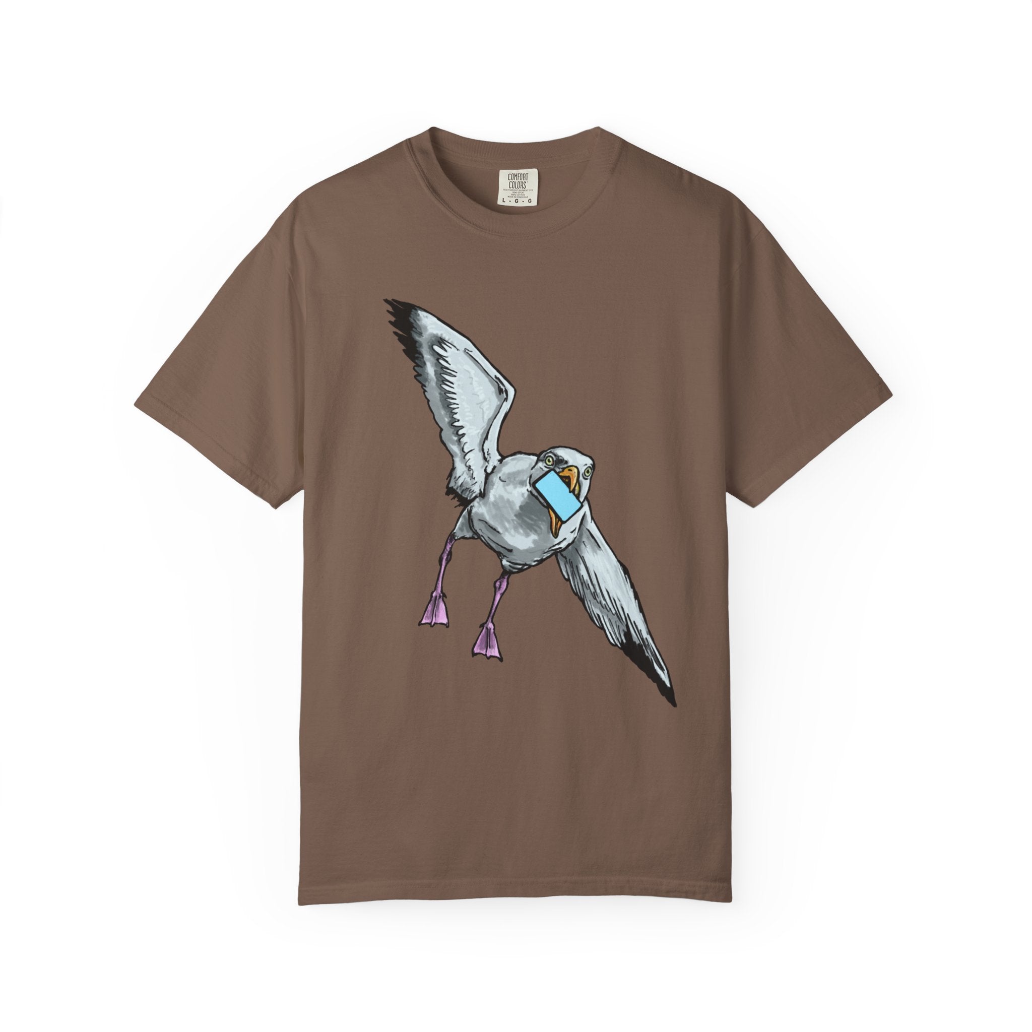 Hand-drawn pizza-stealing seagull monster t-shirt, outstretched wings and purple legs on tee from PizzaBytes collection