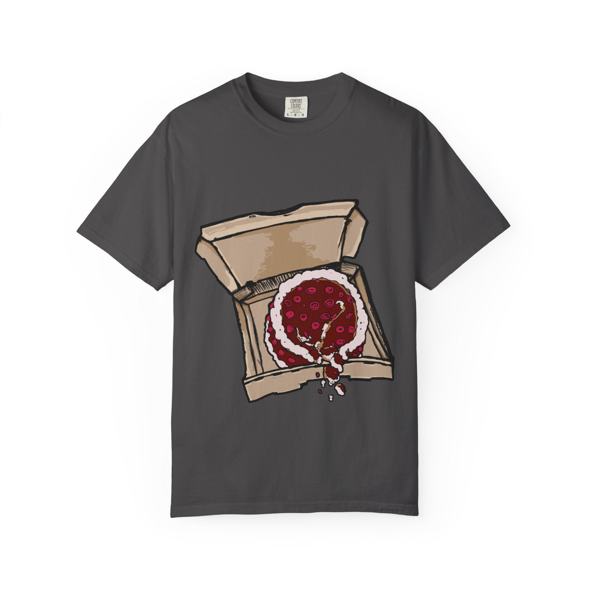Hand-drawn cake pizza box t-shirt showing open pizza box with melting cake from PizzaBytes collection

